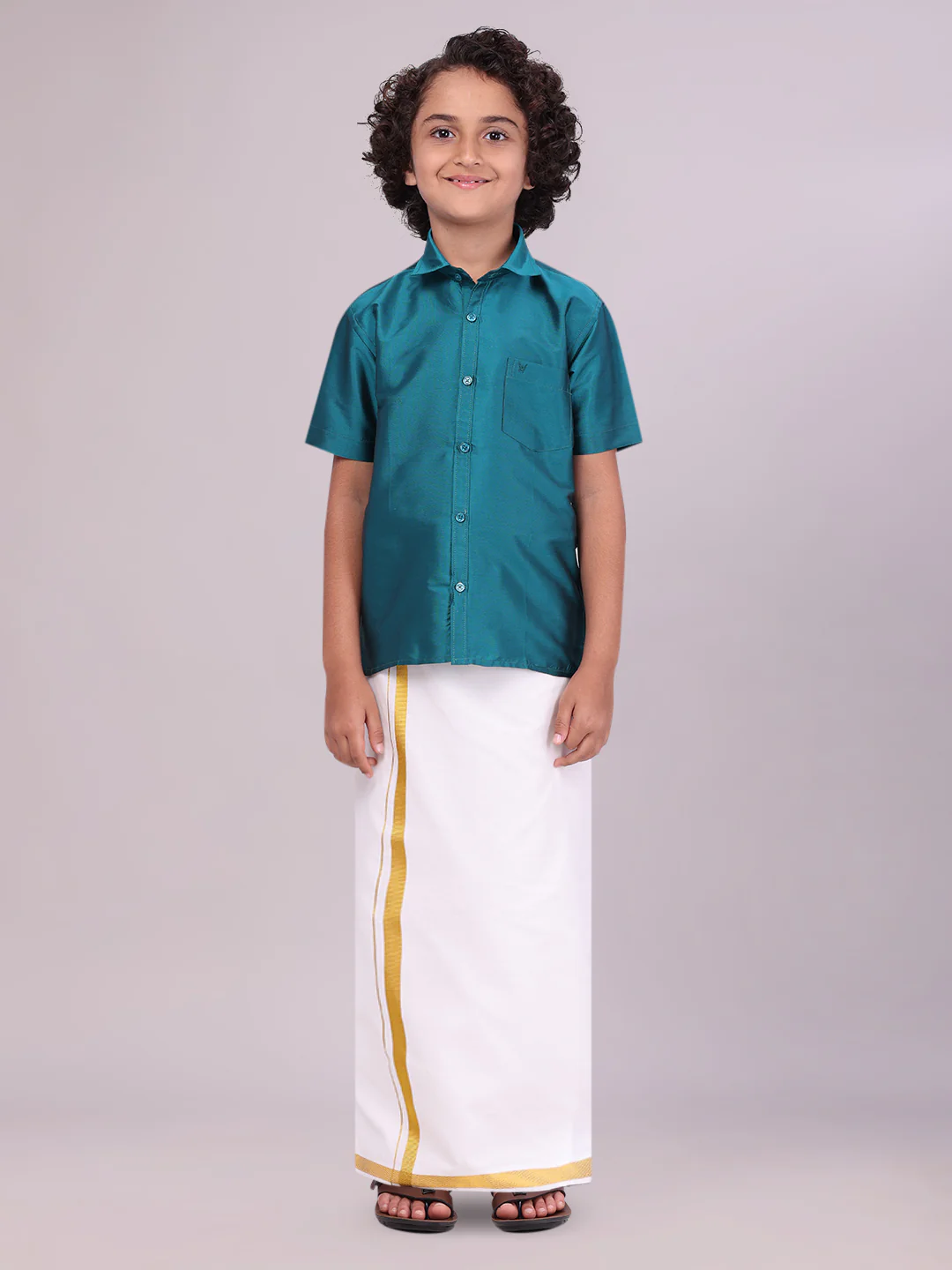 Boys Dupion Satin Aqua Blue Half Sleeves Shirt with Gold Jari Flexi Dhoti Towel Combo Calm Boy