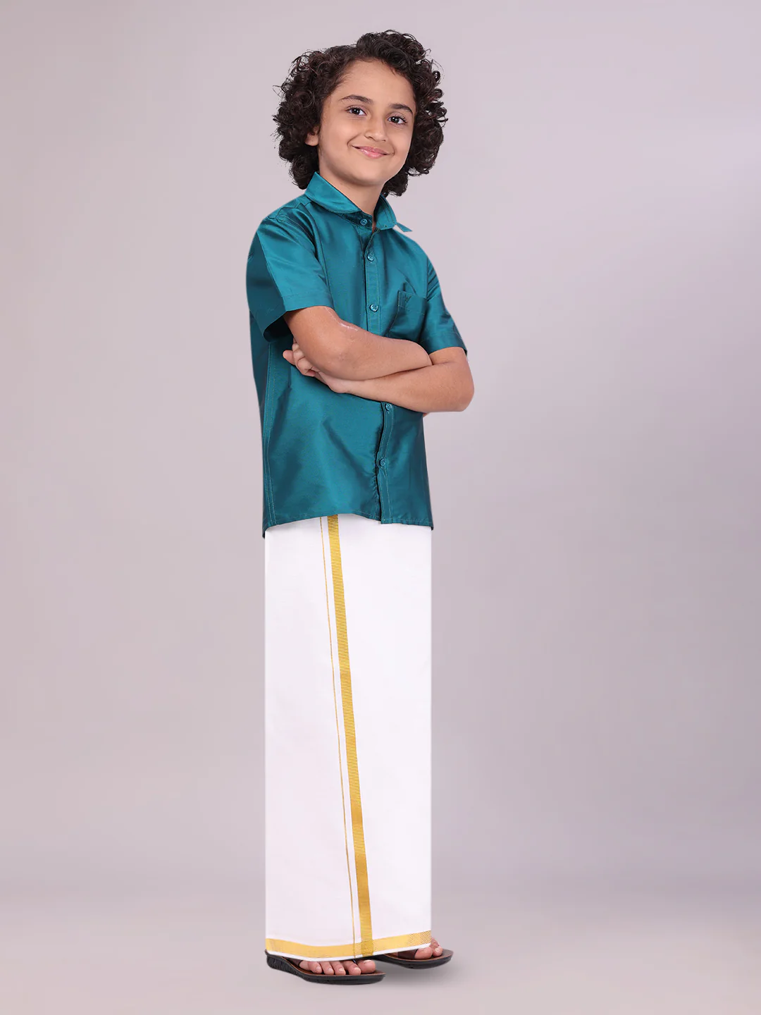 Boys Dupion Satin Aqua Blue Half Sleeves Shirt with Gold Jari Flexi Dhoti Towel Combo Calm Boy - Image 2