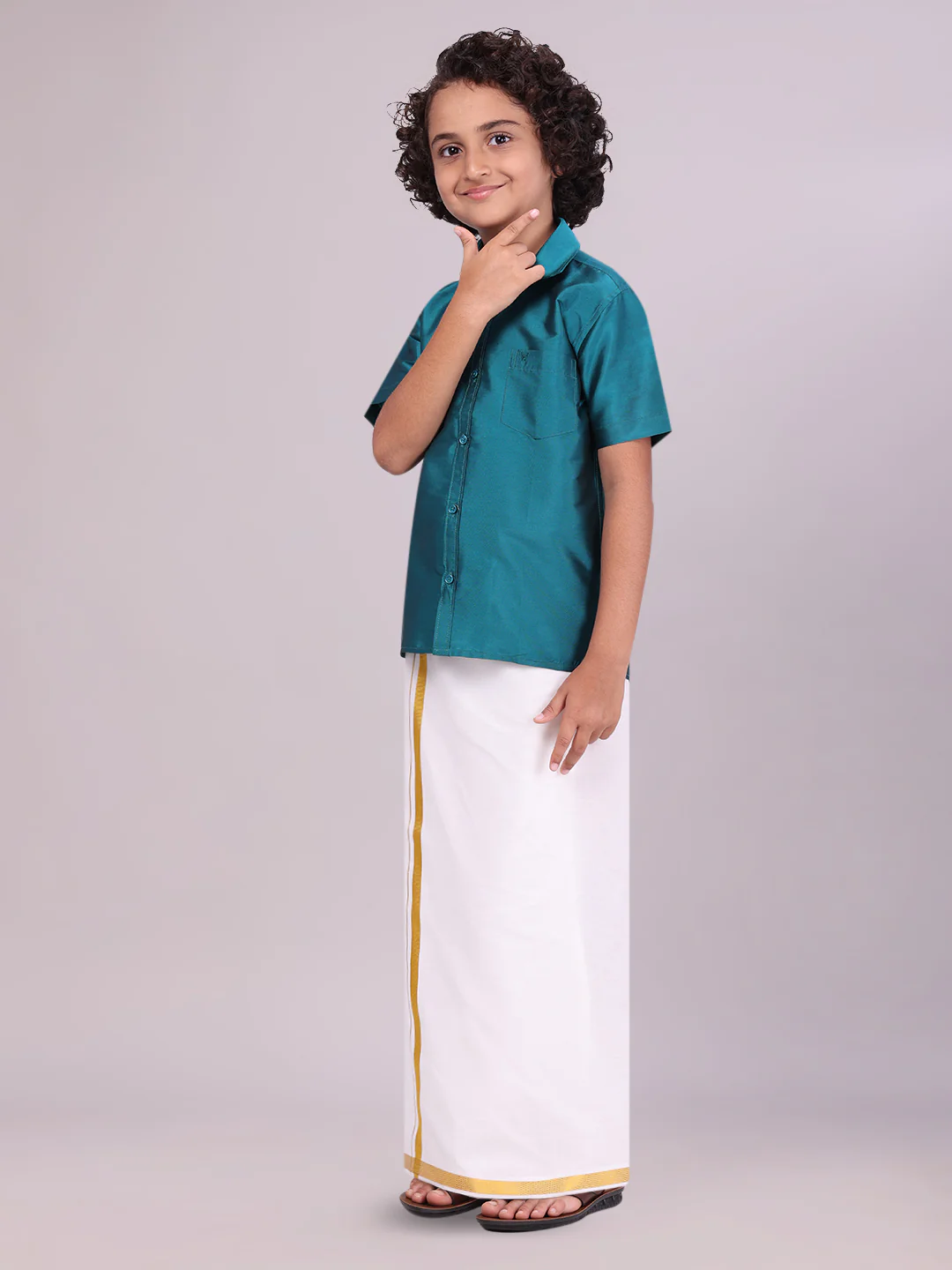 Boys Dupion Satin Aqua Blue Half Sleeves Shirt with Gold Jari Flexi Dhoti Towel Combo Calm Boy - Image 3