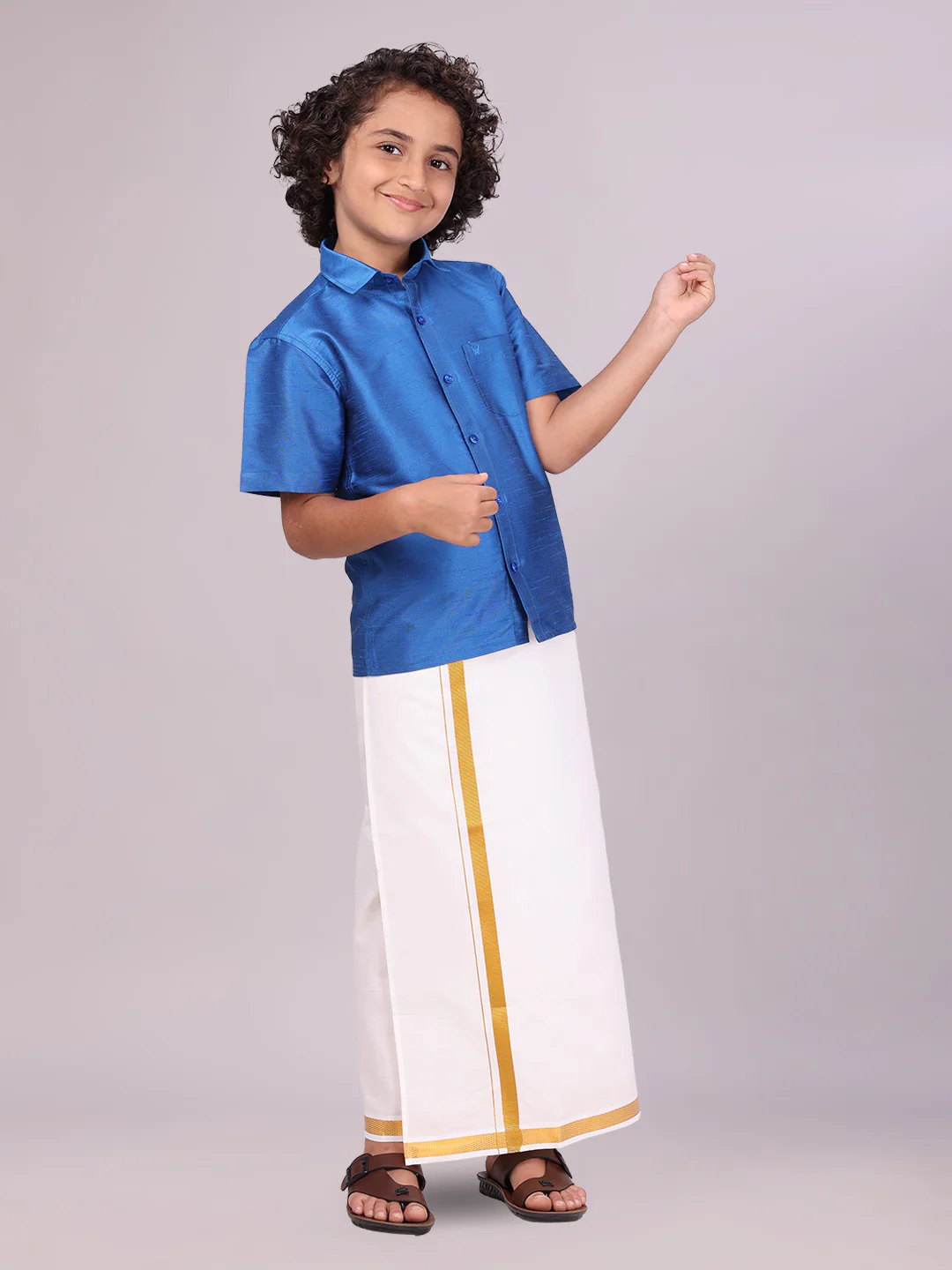 Boys Blue Color Half Sleeves Shirt with Gold Jari Flexi Dhoti Adorable Boy - Image 3