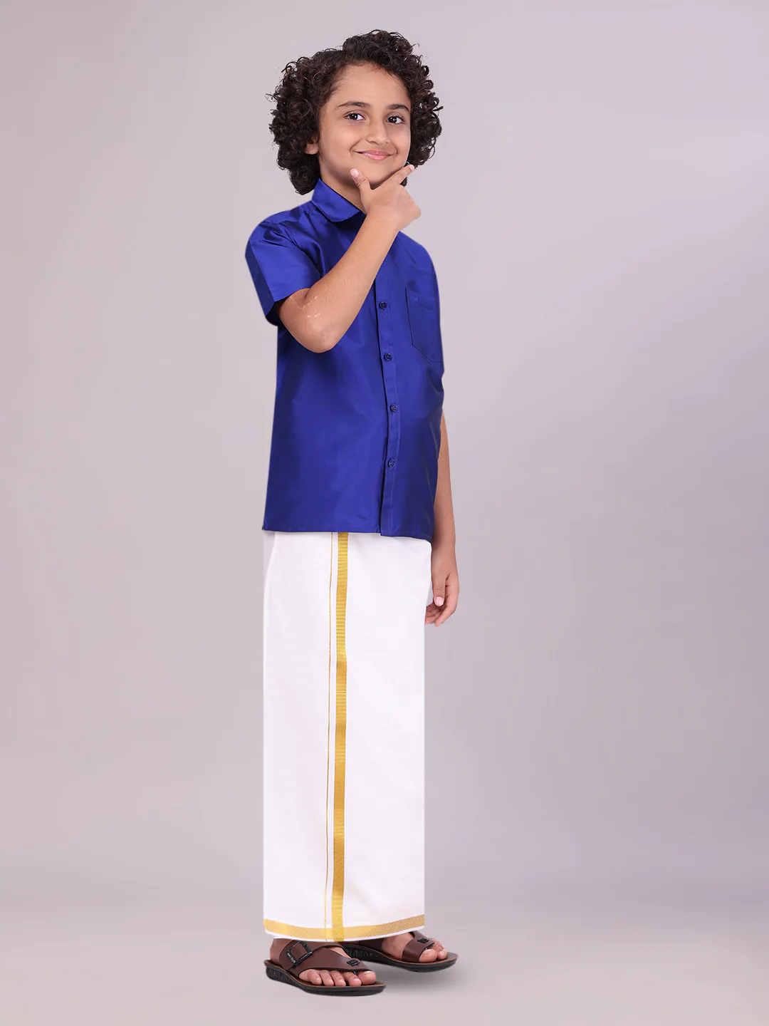 Boys Dupion Satin Blue Half Sleeves Shirt with Gold Jari Flexi Dhoti Towel Combo Calm Boy - Image 3