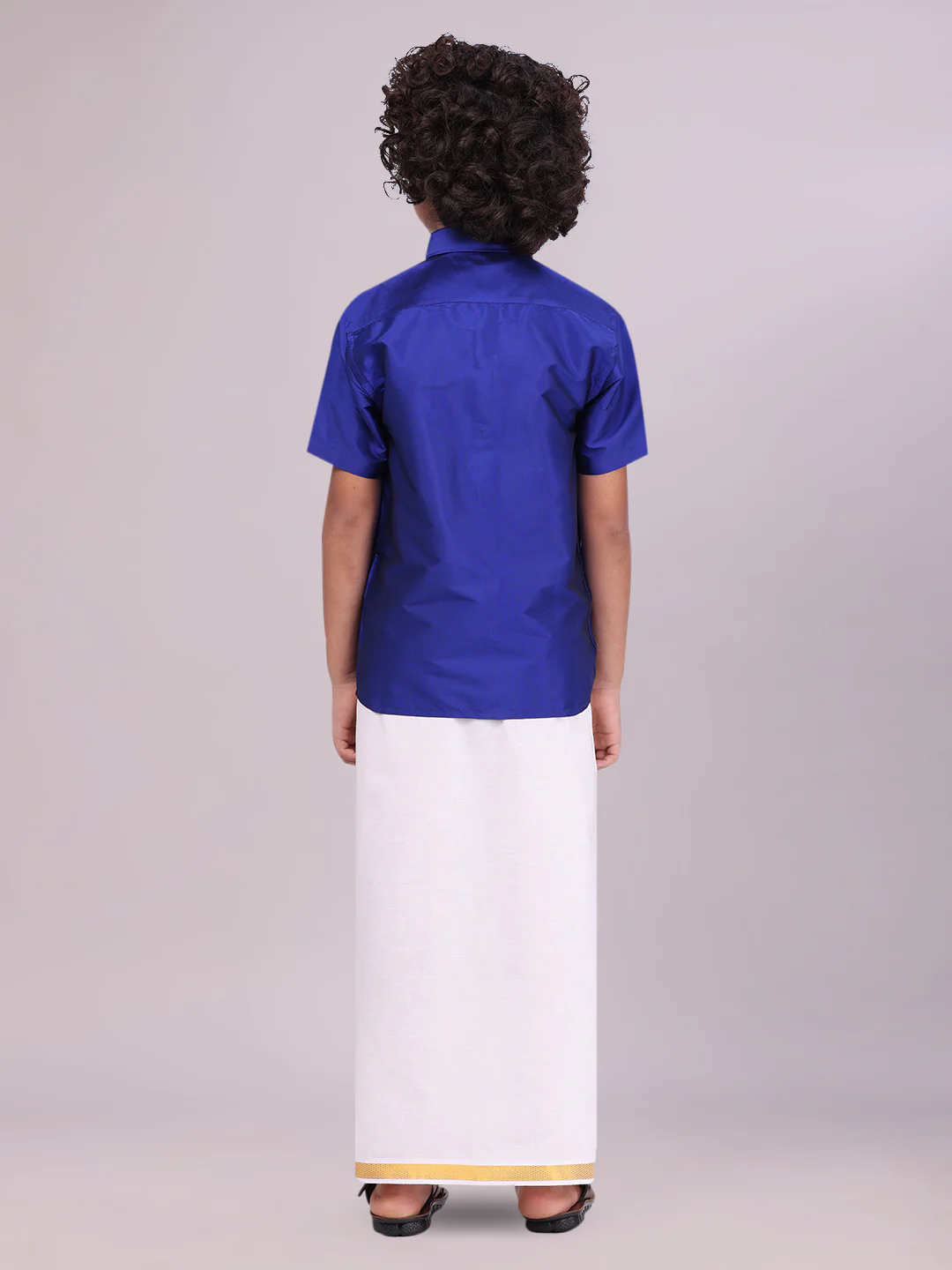 Boys Dupion Satin Blue Half Sleeves Shirt with Gold Jari Flexi Dhoti Towel Combo Calm Boy - Image 4