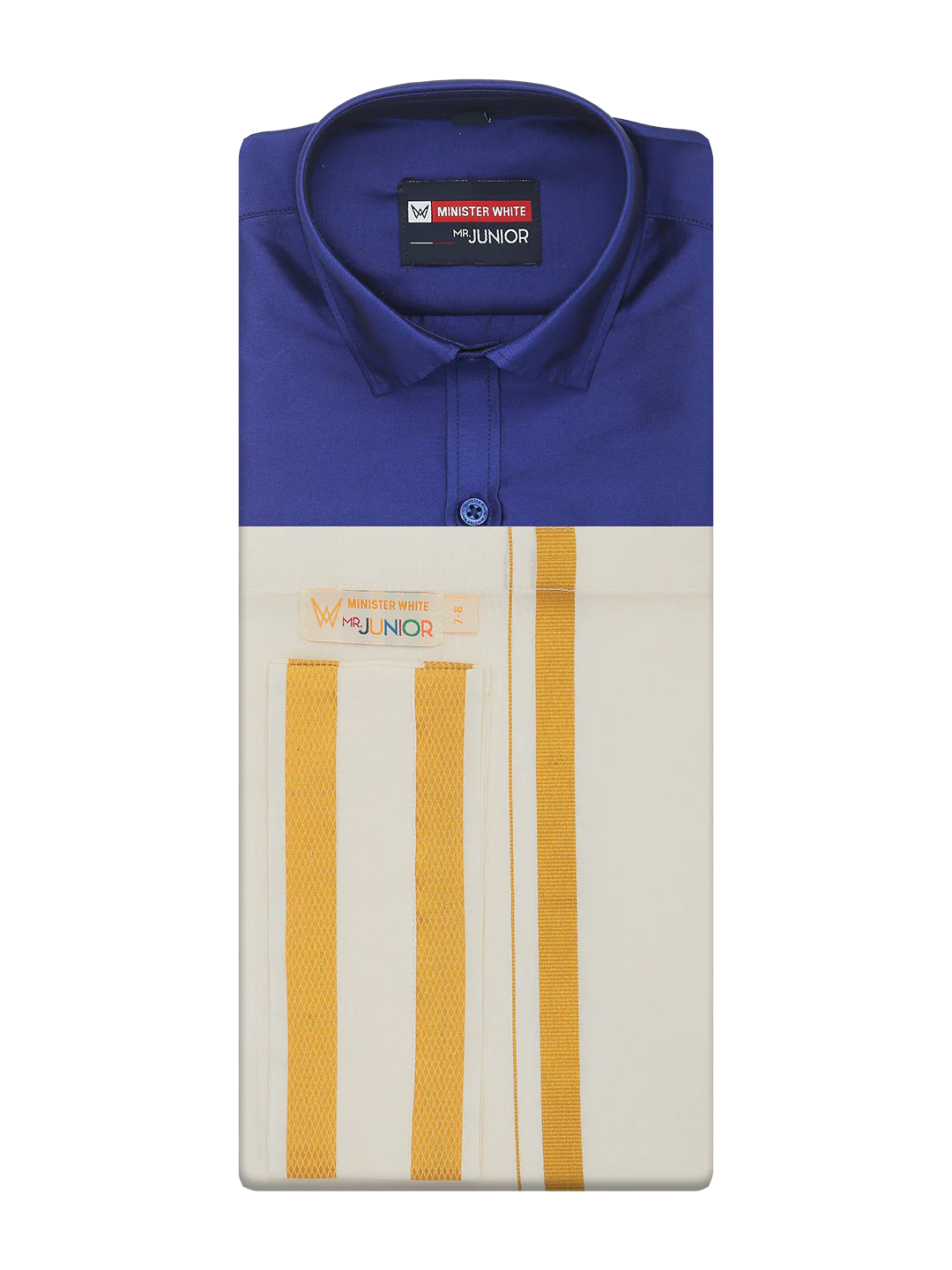 Boys Dupion Satin Blue Half Sleeves Shirt with Gold Jari Flexi Dhoti Towel Combo Calm Boy - Image 5