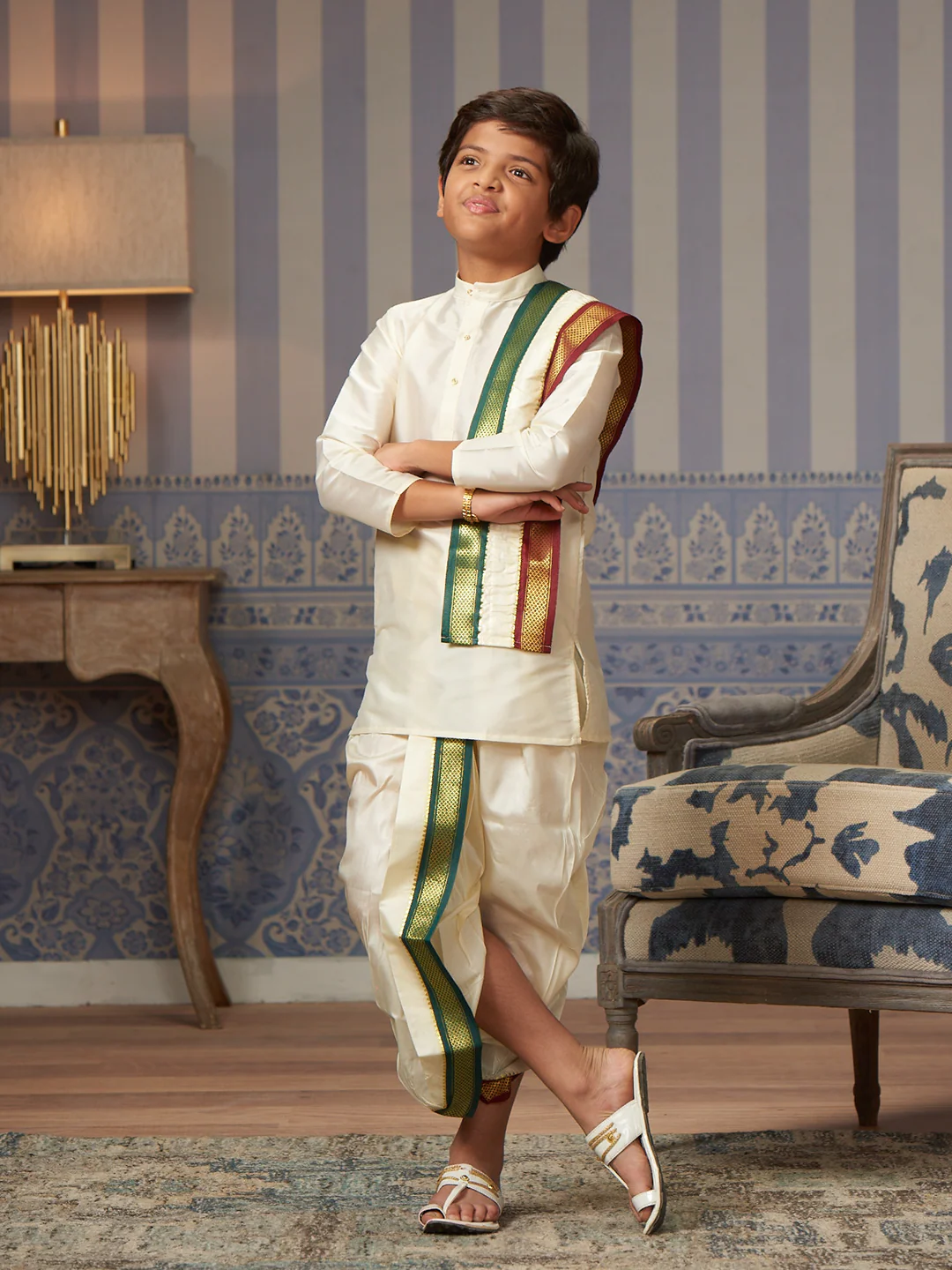 Boys Art Silk Cream Kurta Readymade Mayilkhan Border Panchakacham Towel Combo Zale - Image 2