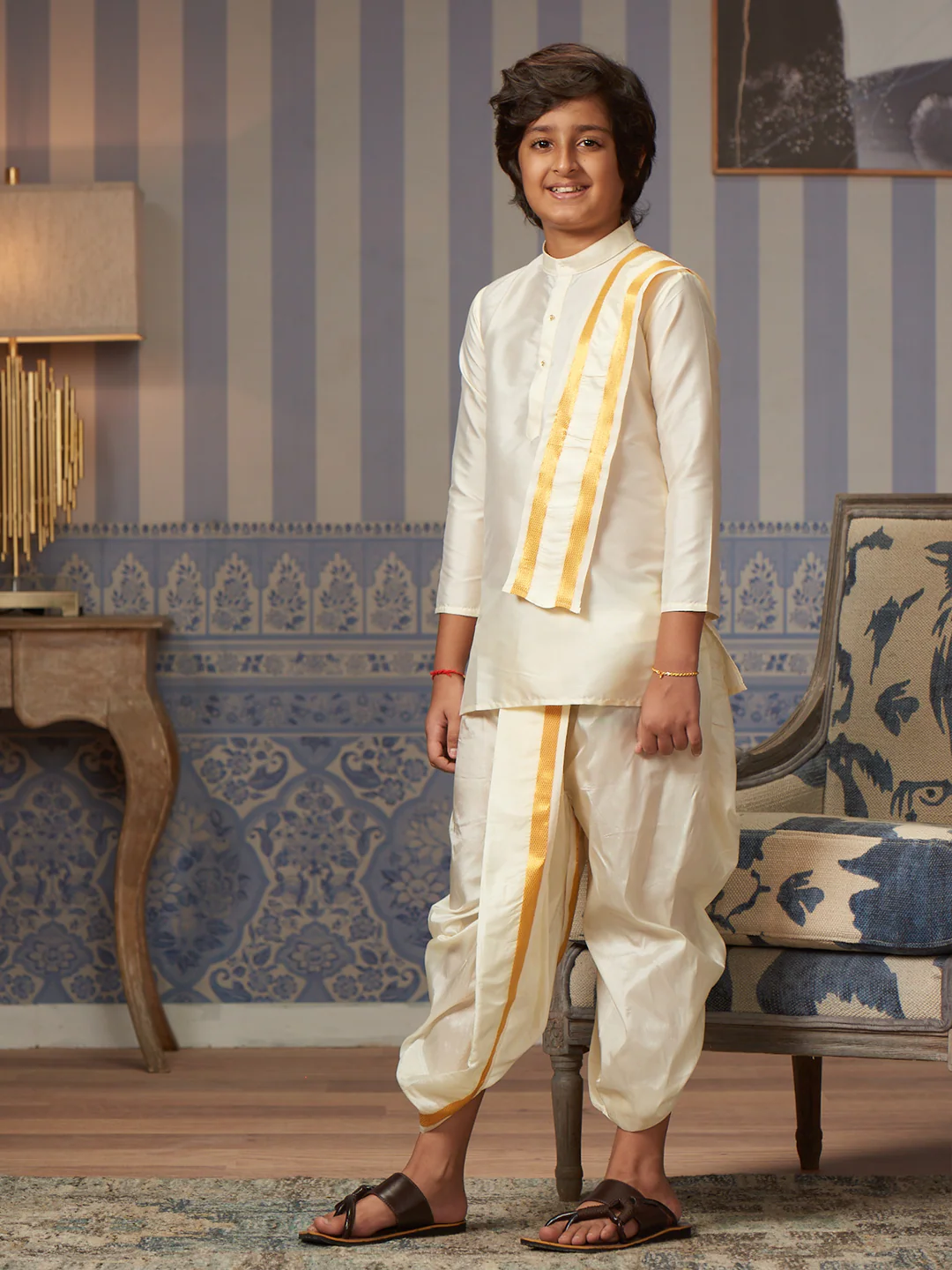Boys Art Silk Cream Kurta Readymade Panchakacham Towel Combo with Gold Jari Border Azure - Image 2