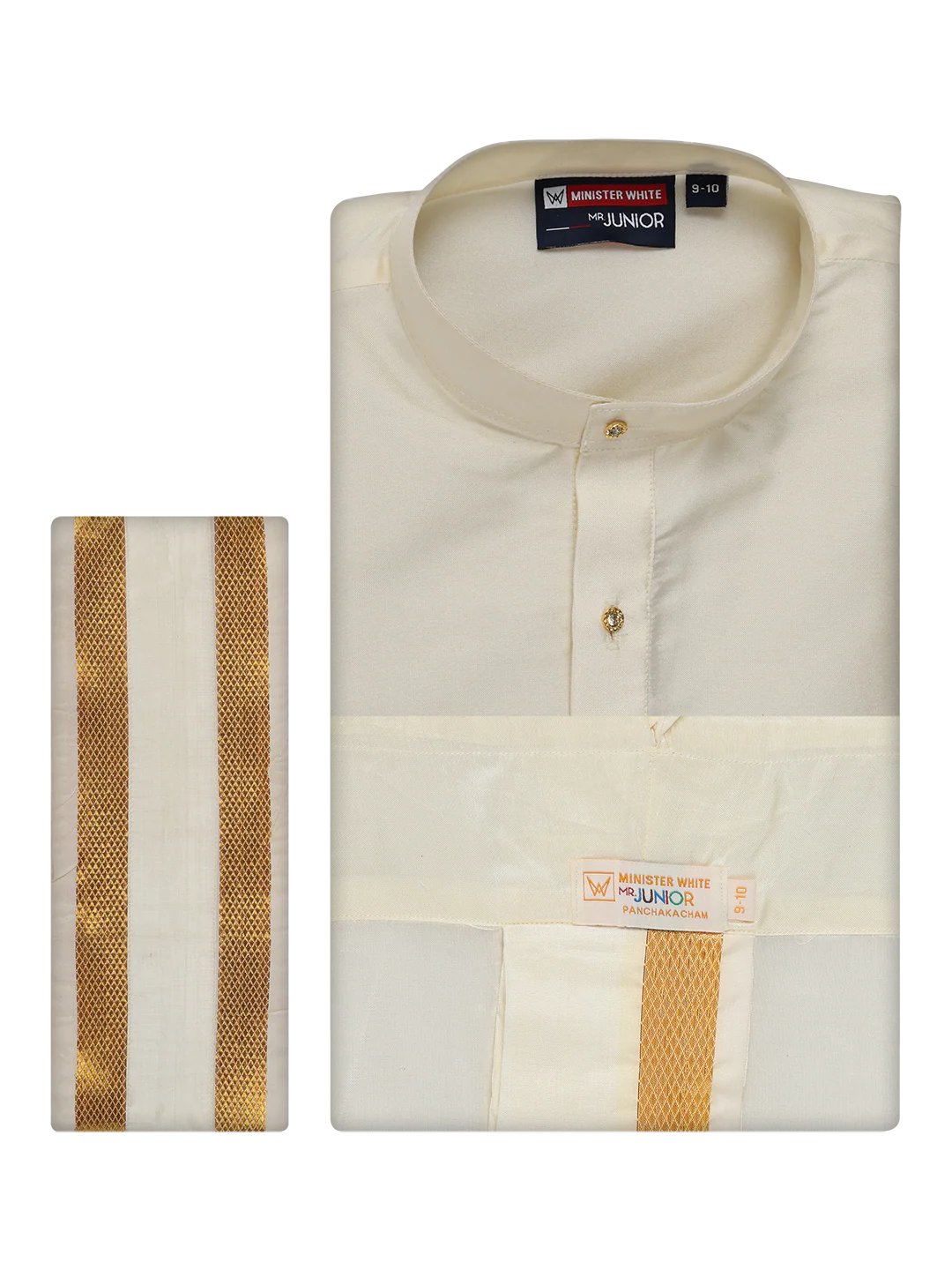 Boys Art Silk Cream Kurta Readymade Panchakacham Towel Combo with Gold Jari Border Azure - Image 3