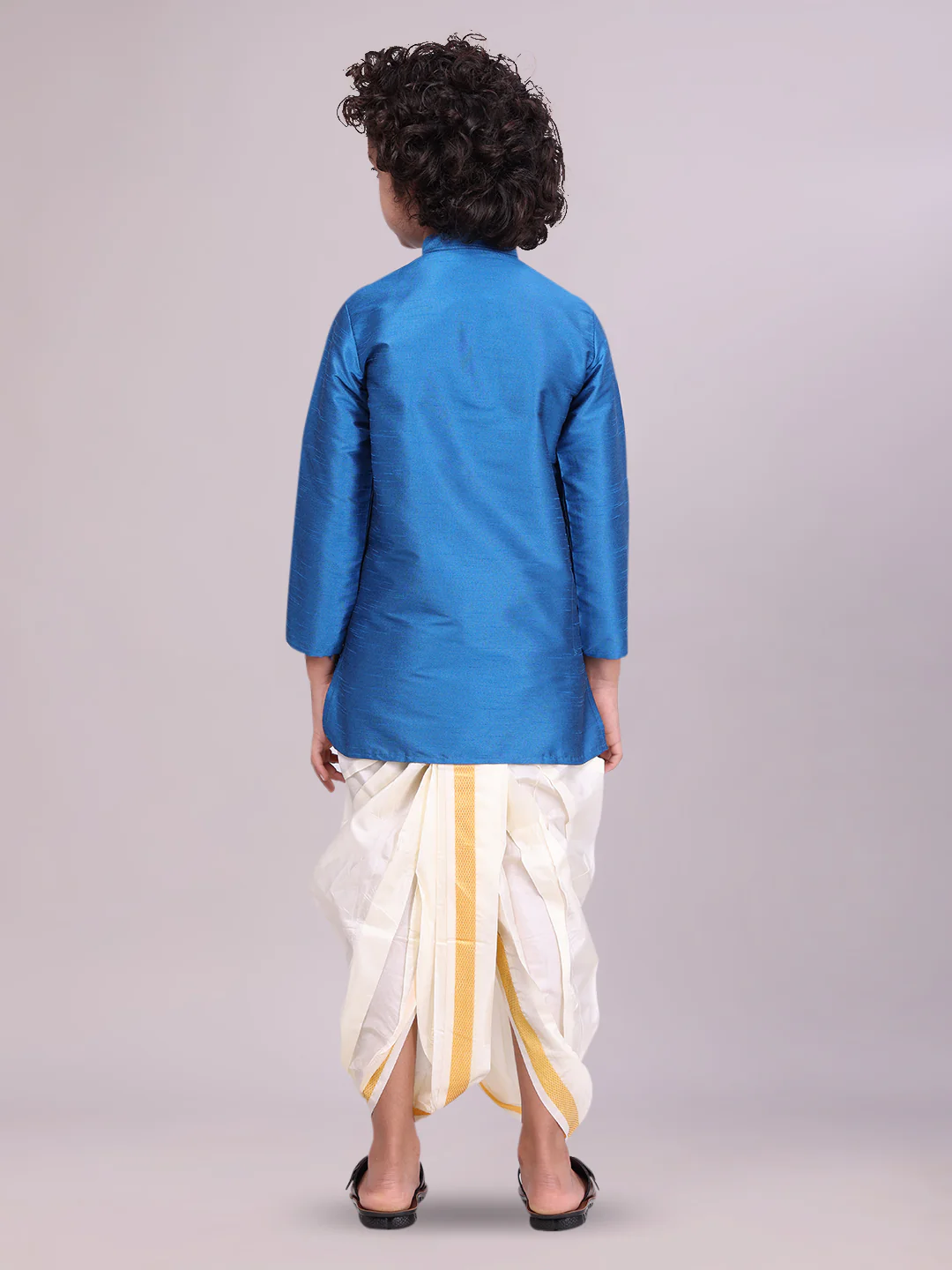 Boys Blue Colour Kurtha with Gold Jari Panchakacham Combo Chitrang - Image 3