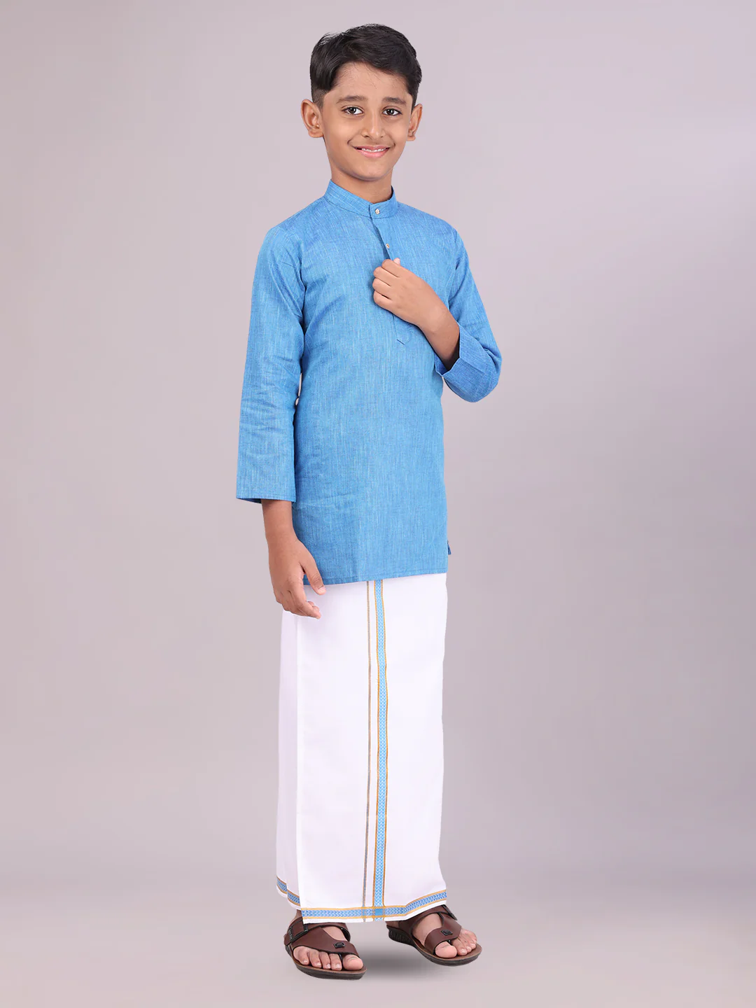 Boys Cotton Blue Kurta with Matching Border Dhoti Combo Honest Boy - Image 2