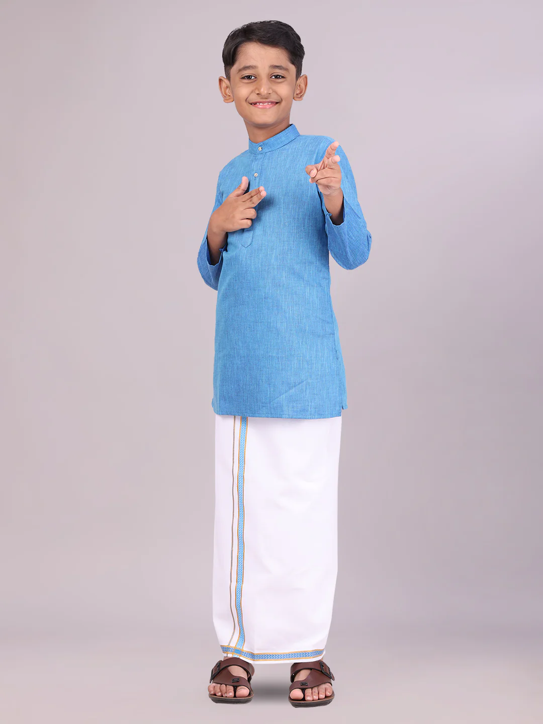 Boys Cotton Blue Kurta with Matching Border Dhoti Combo Honest Boy - Image 3