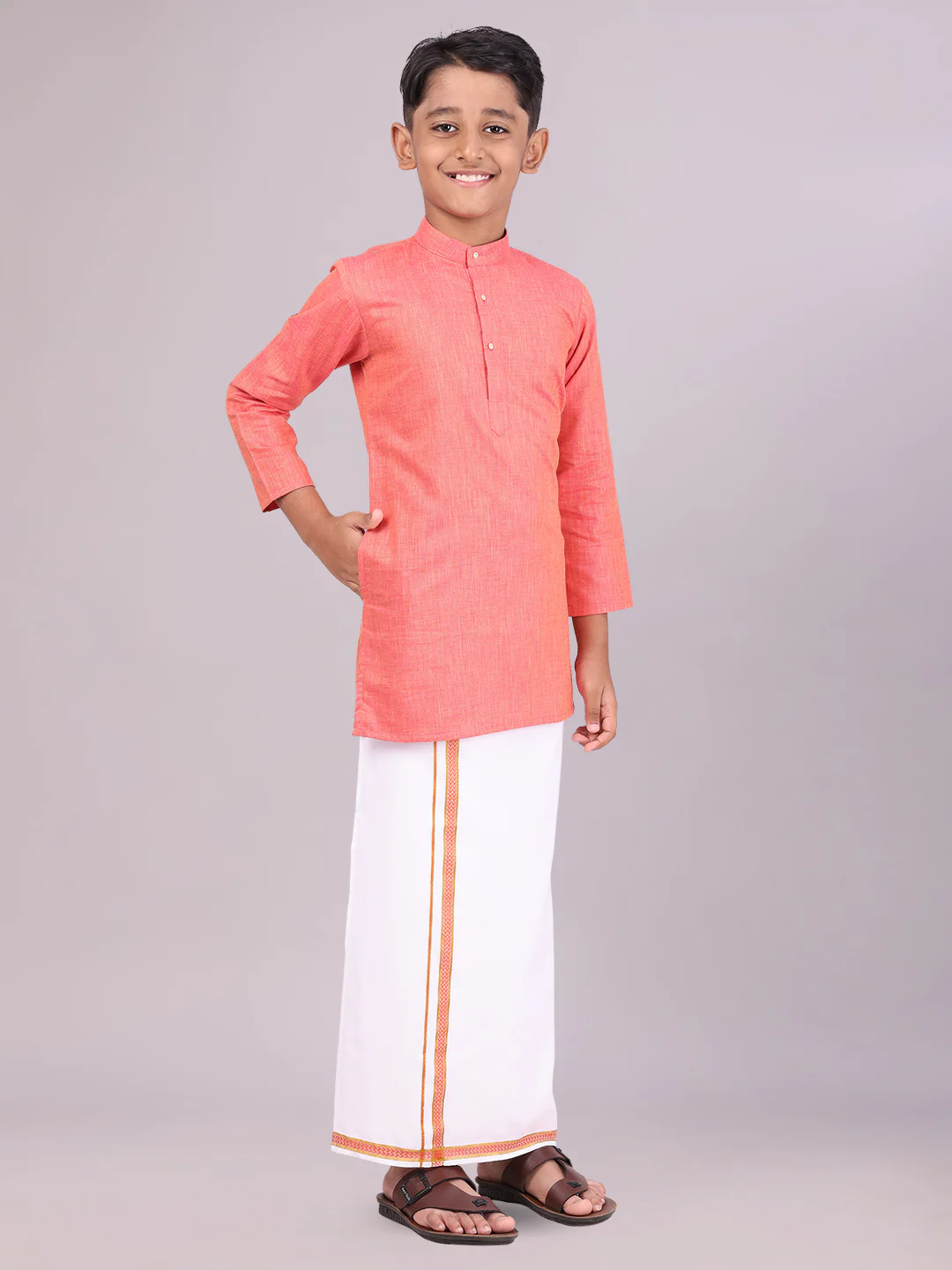 Boys Cotton Brick Kurta with Matching Border Dhoti Combo Honest Boy - Image 2