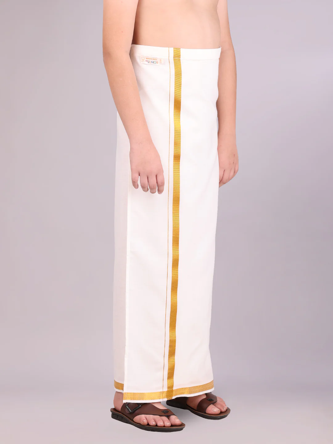 Boys Cotton Cream Adjustable Dhoti with Gold Jari Border Best Choice - Image 3