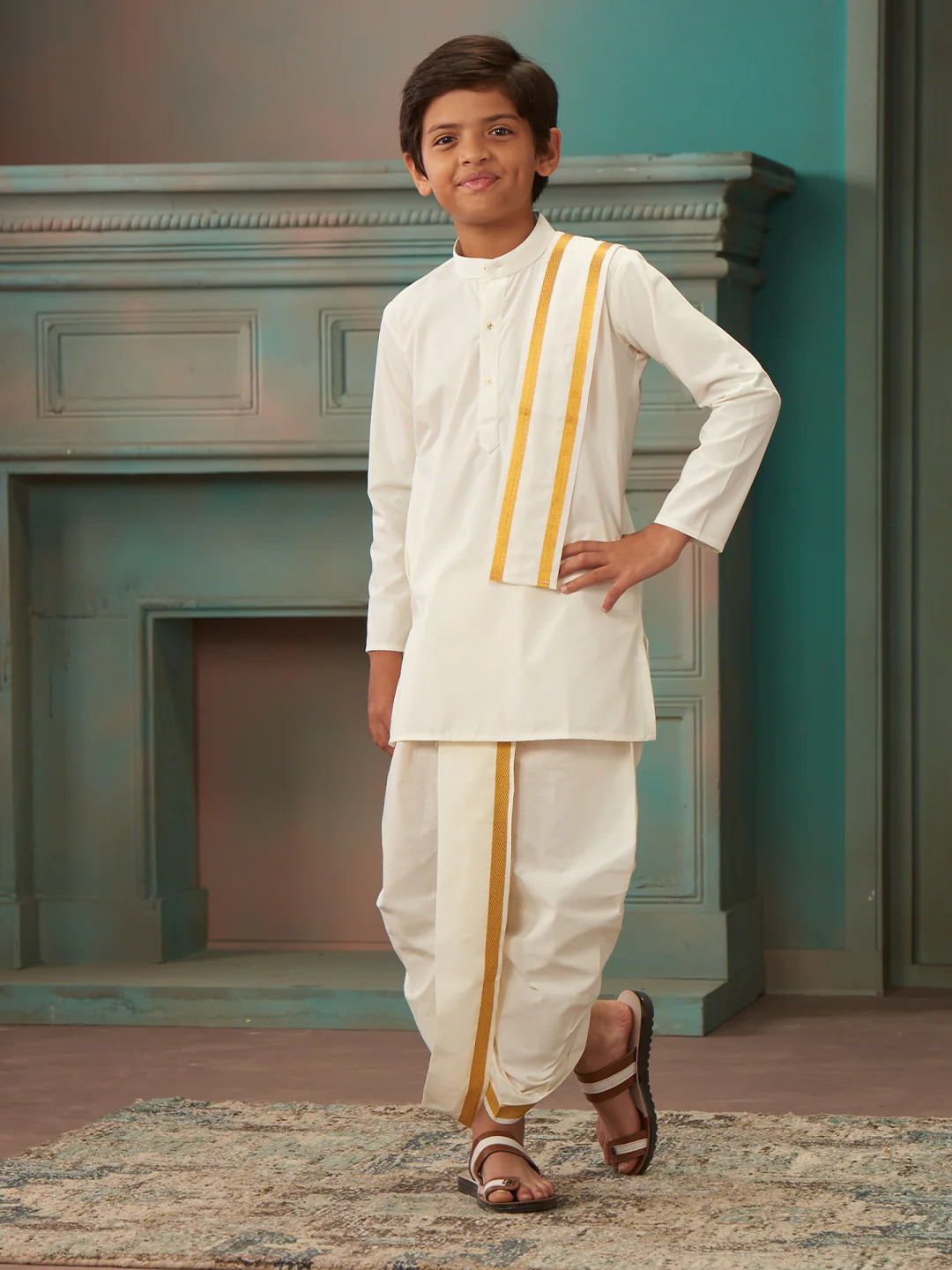 Boys Cotton Cream Kurta Readymade Panchakacham Towel Combo with Gold Jari Border Champak - Image 2
