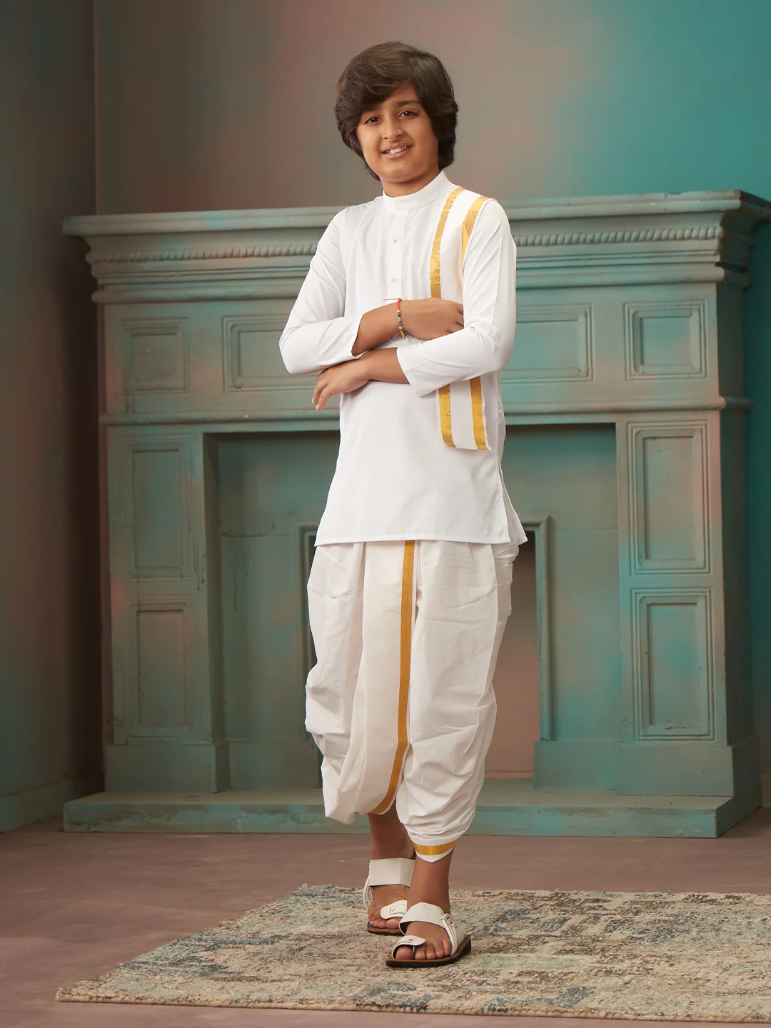 Boys Cotton White Kurta Readymade Panchakacham Towel Combo with Gold Jari Border Sarman - Image 2
