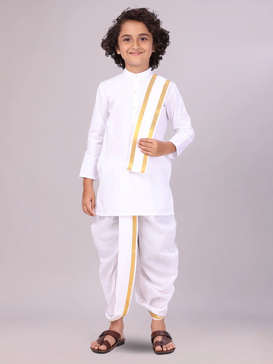 Boys Cotton White Kurta Readymade Panchakacham Towel Combo with Gold Jari Border Sarman - Image 3