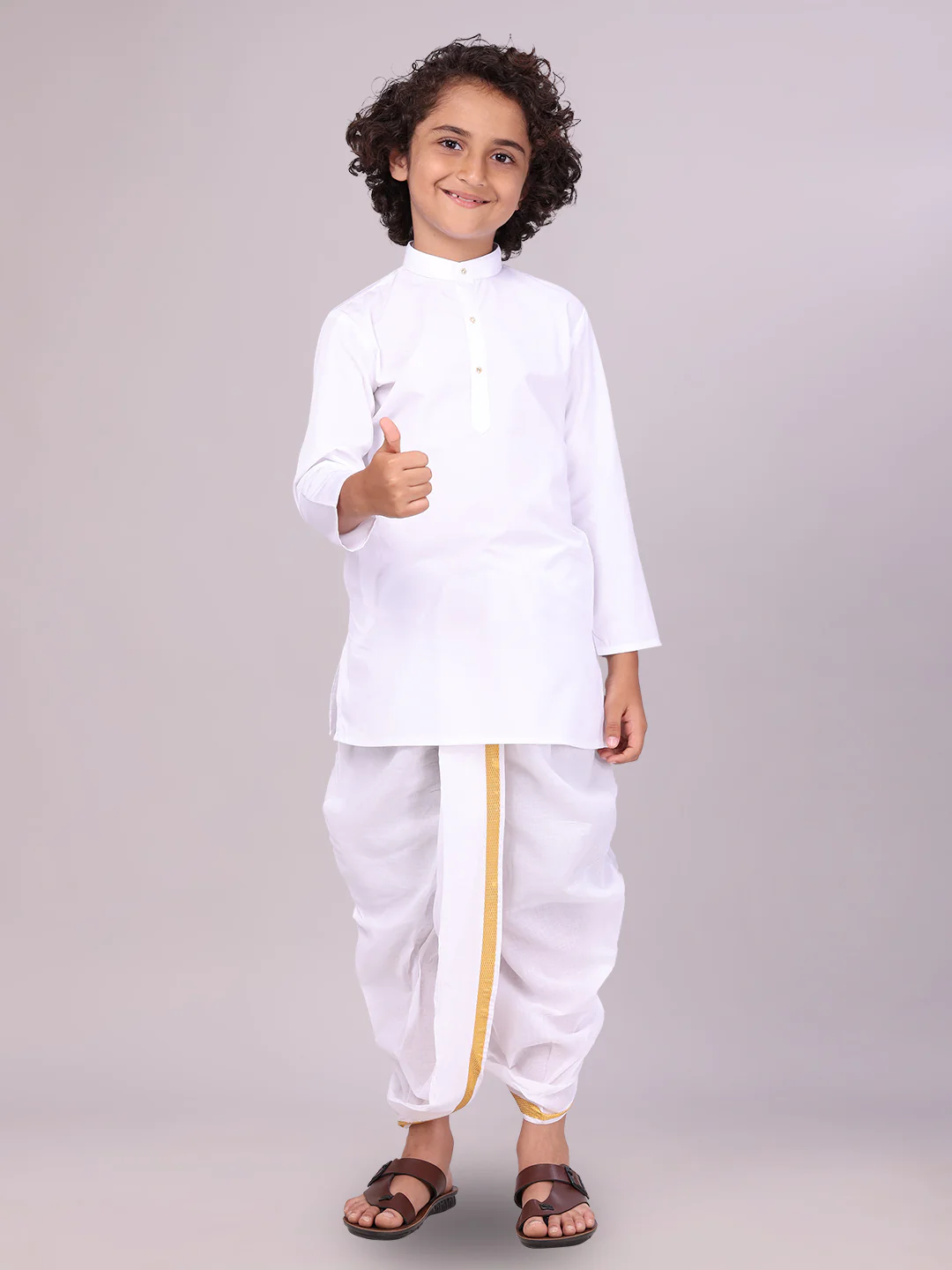 Boys Cotton White Kurta Readymade Panchakacham Towel Combo with Gold Jari Border Sarman - Image 4