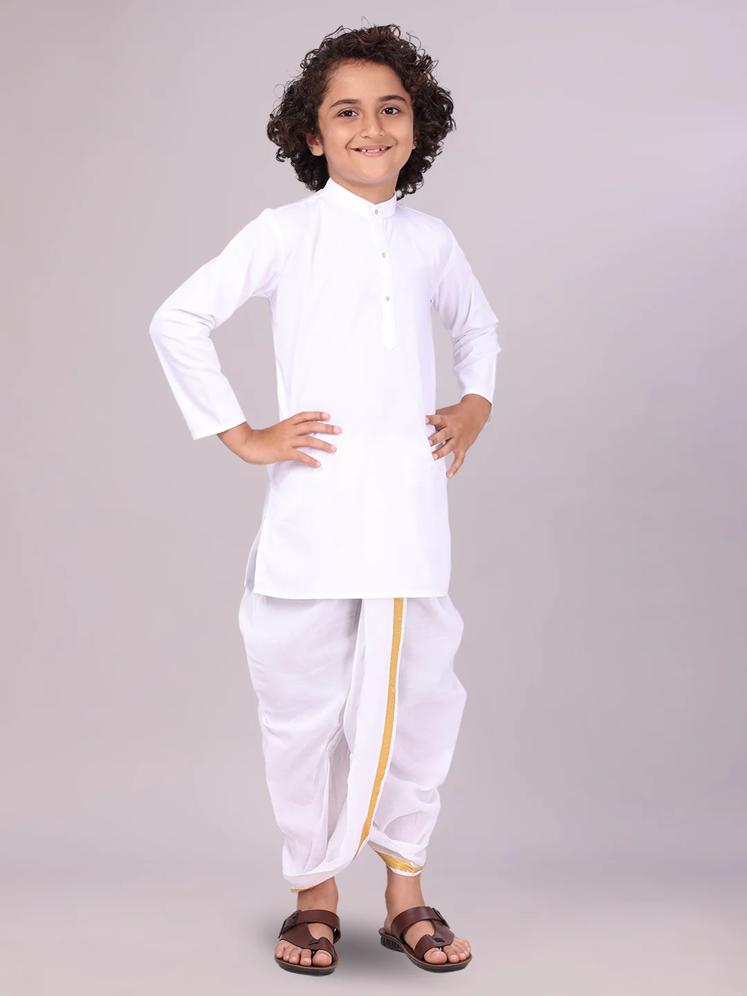 Boys Cotton White Kurta Readymade Panchakacham Towel Combo with Gold Jari Border Sarman - Image 5