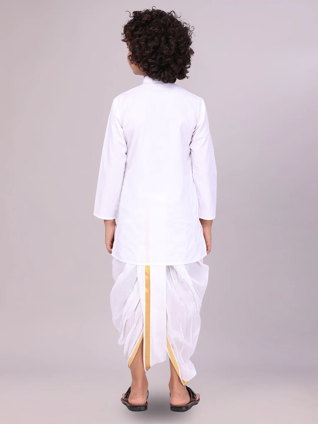 Boys Cotton White Kurta Readymade Panchakacham Towel Combo with Gold Jari Border Sarman - Image 6