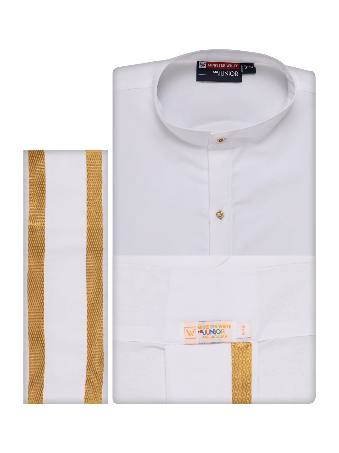 Boys Cotton White Kurta Readymade Panchakacham Towel Combo with Gold Jari Border Sarman - Image 7