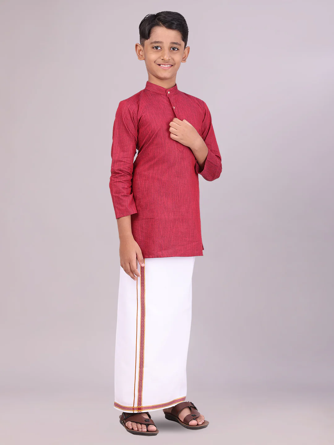 Boys Cotton Maroon Kurta with Matching Border Dhoti Combo Honest Boy - Image 3