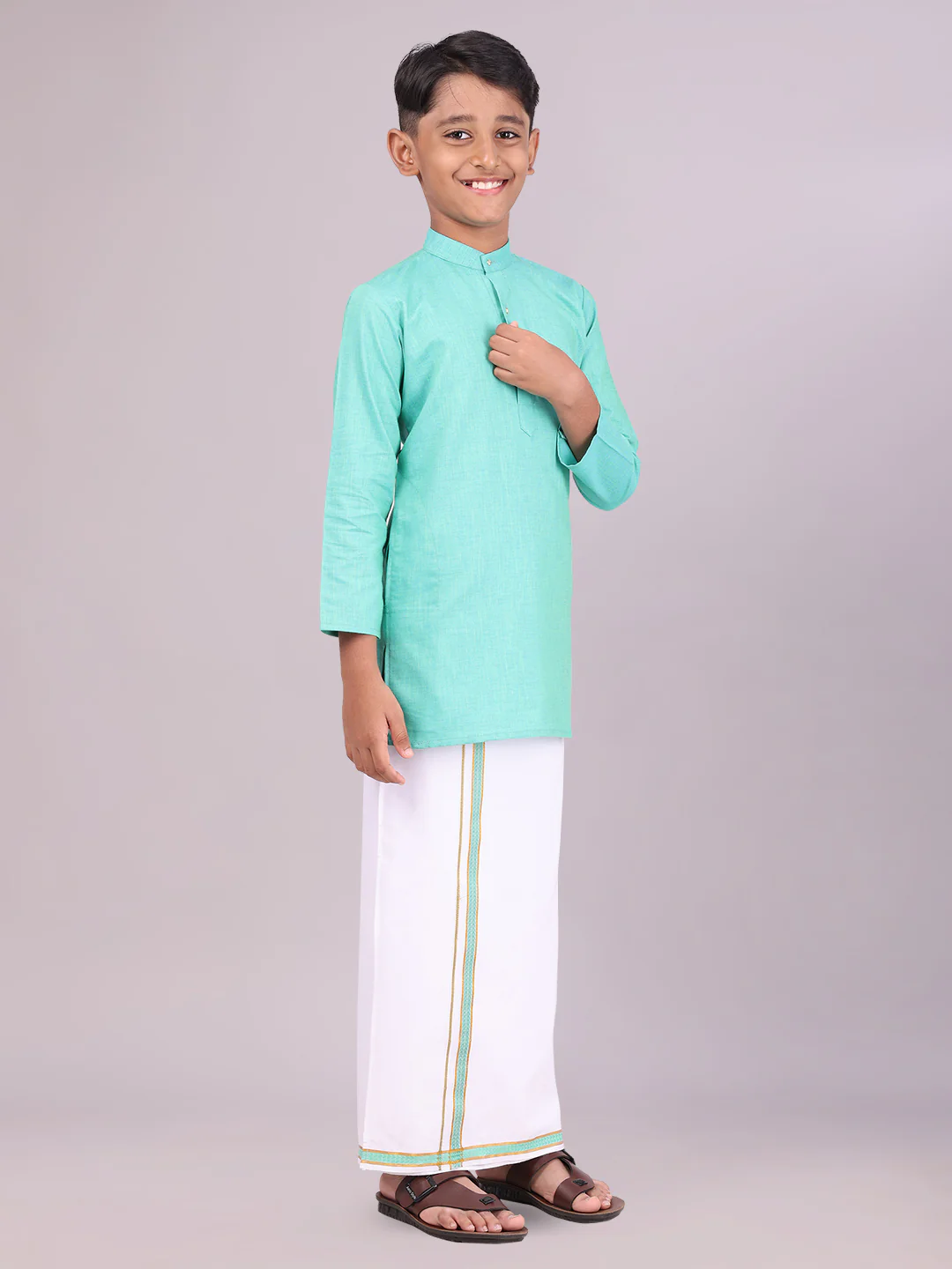 Boys Cotton Mint Blue Kurta with Matching Border Dhoti Combo Honest Boy - Image 2
