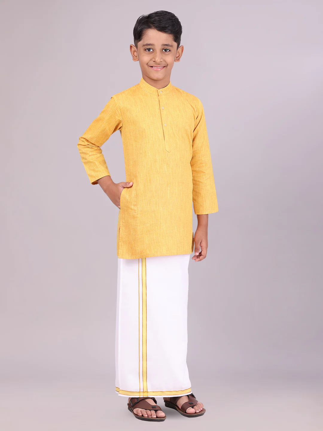 Boys Cotton Mustard Kurta with Matching Border Dhoti Combo Honest Boy - Image 2