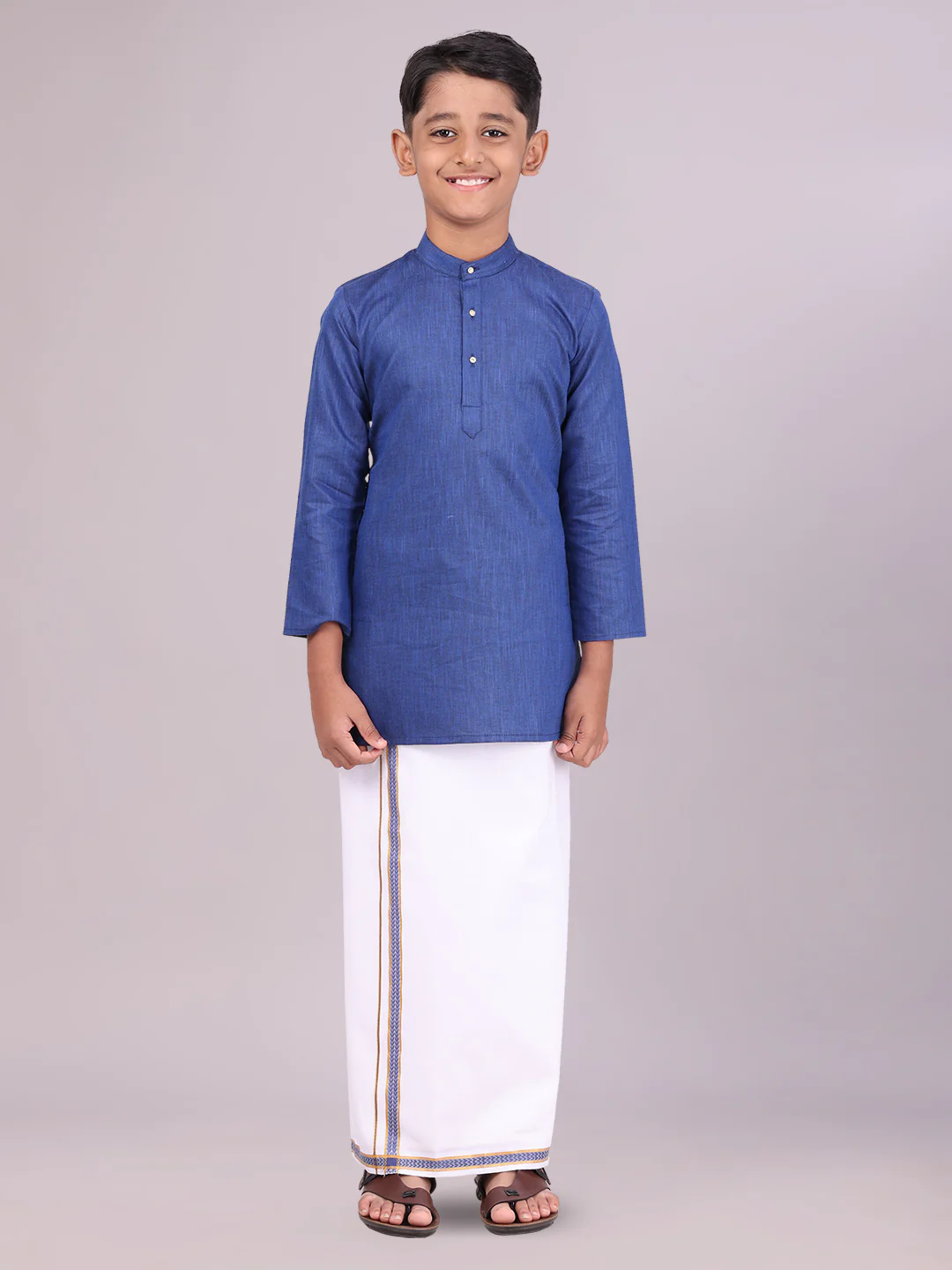 Boys Cotton Dark Blue Kurta with Matching Border Dhoti Combo Honest Boy