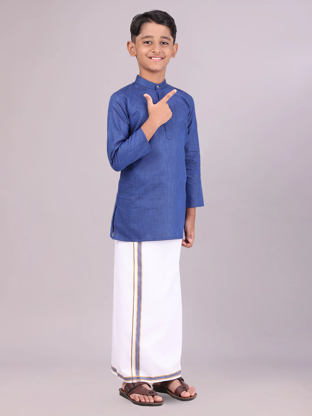 Boys Cotton Dark Blue Kurta with Matching Border Dhoti Combo Honest Boy - Image 2