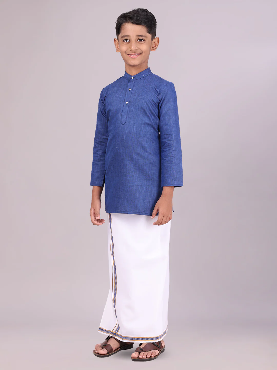 Boys Cotton Dark Blue Kurta with Matching Border Dhoti Combo Honest Boy - Image 3