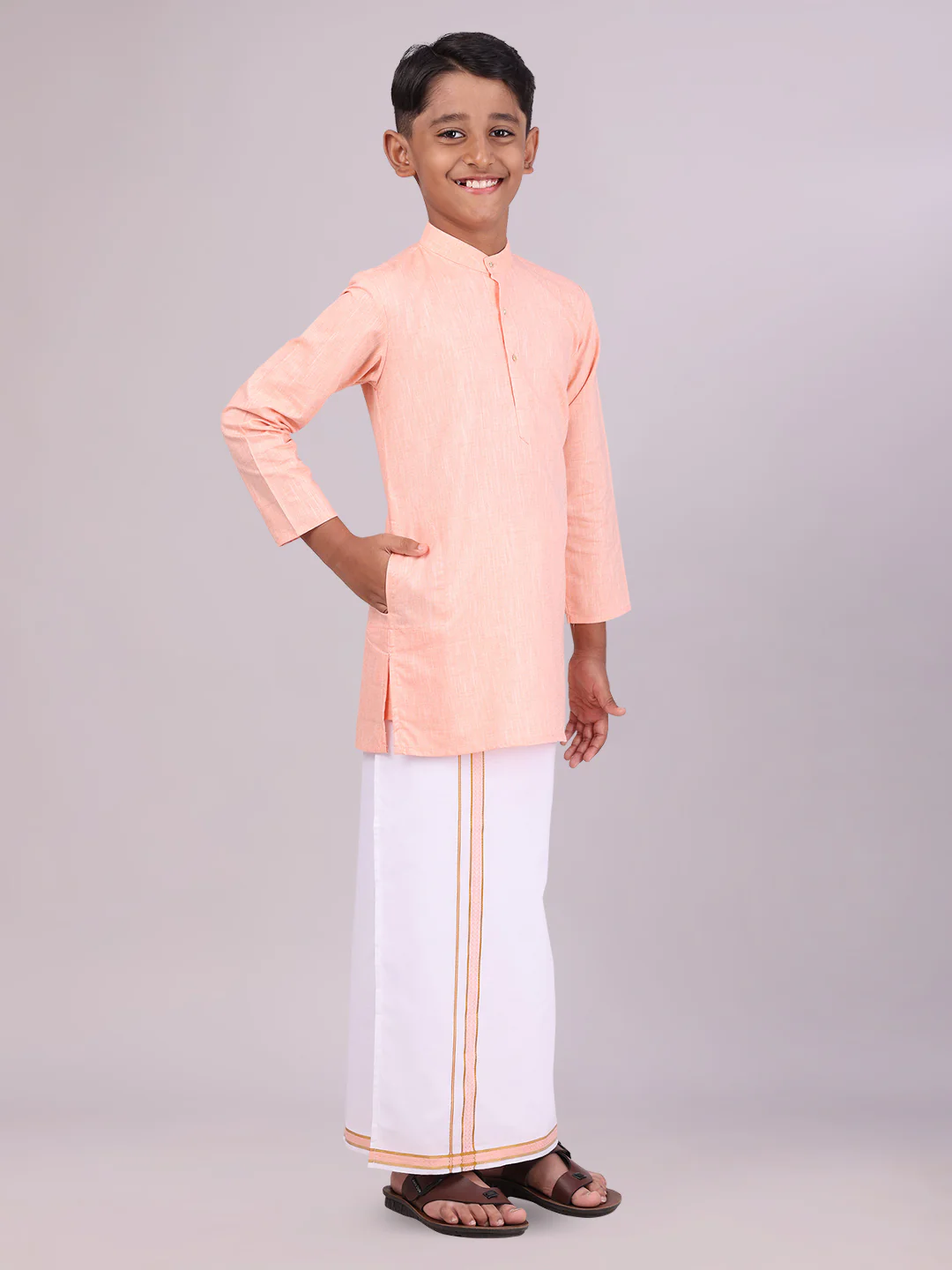 Boys Cotton Peach Kurta with Matching Border Dhoti Combo Honest Boy - Image 3
