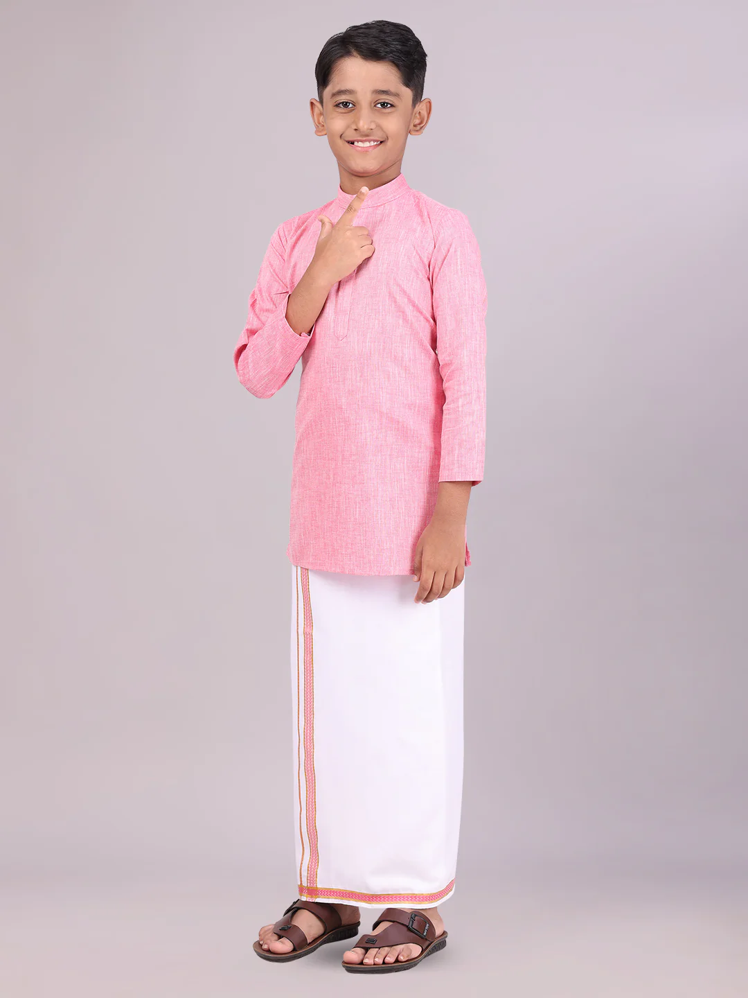 Boys Cotton Pink Kurta with Matching Border Dhoti Combo Honest Boy - Image 2
