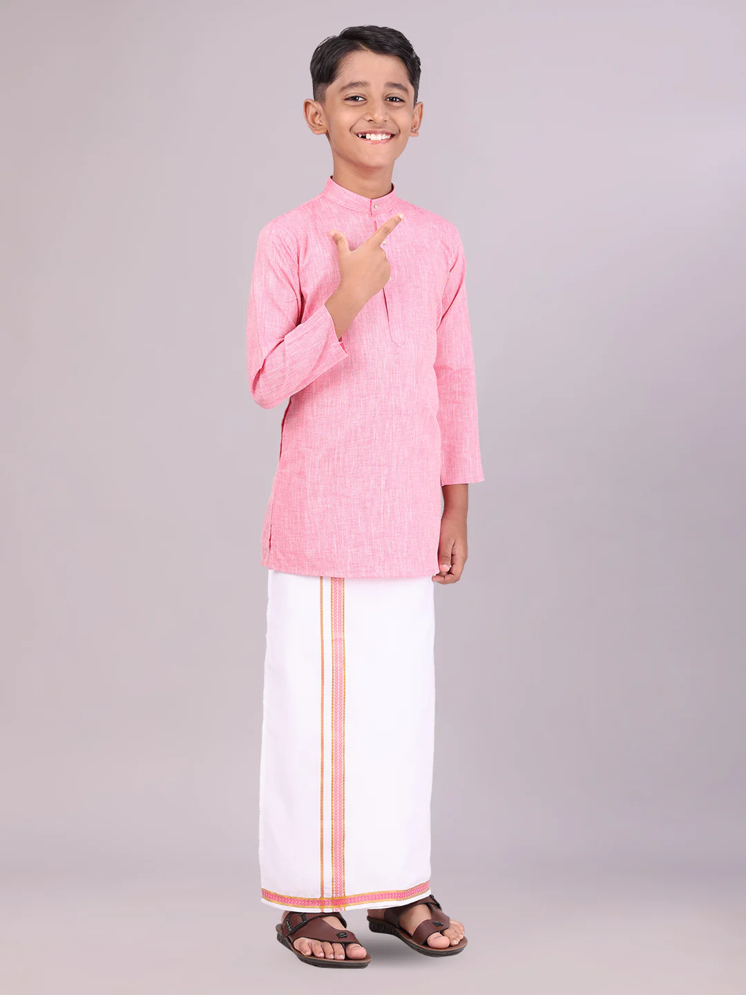 Boys Cotton Pink Kurta with Matching Border Dhoti Combo Honest Boy - Image 3