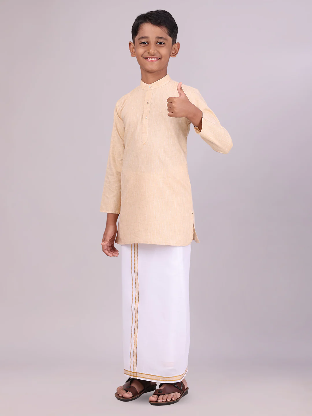 Boys Cotton Light Sandal Kurta with Matching Border Dhoti Combo Honest Boy - Image 2