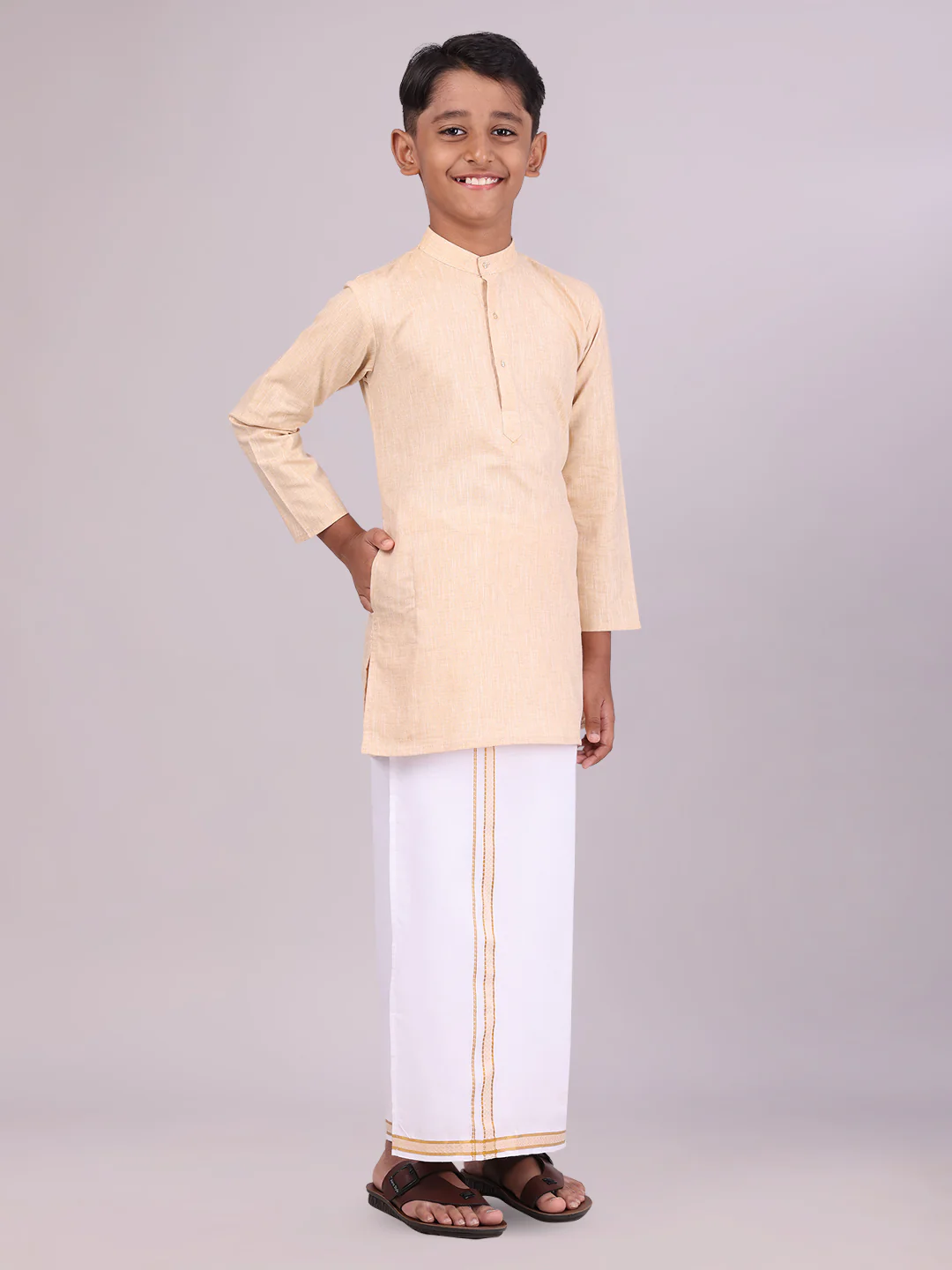 Boys Cotton Light Sandal Kurta with Matching Border Dhoti Combo Honest Boy - Image 3