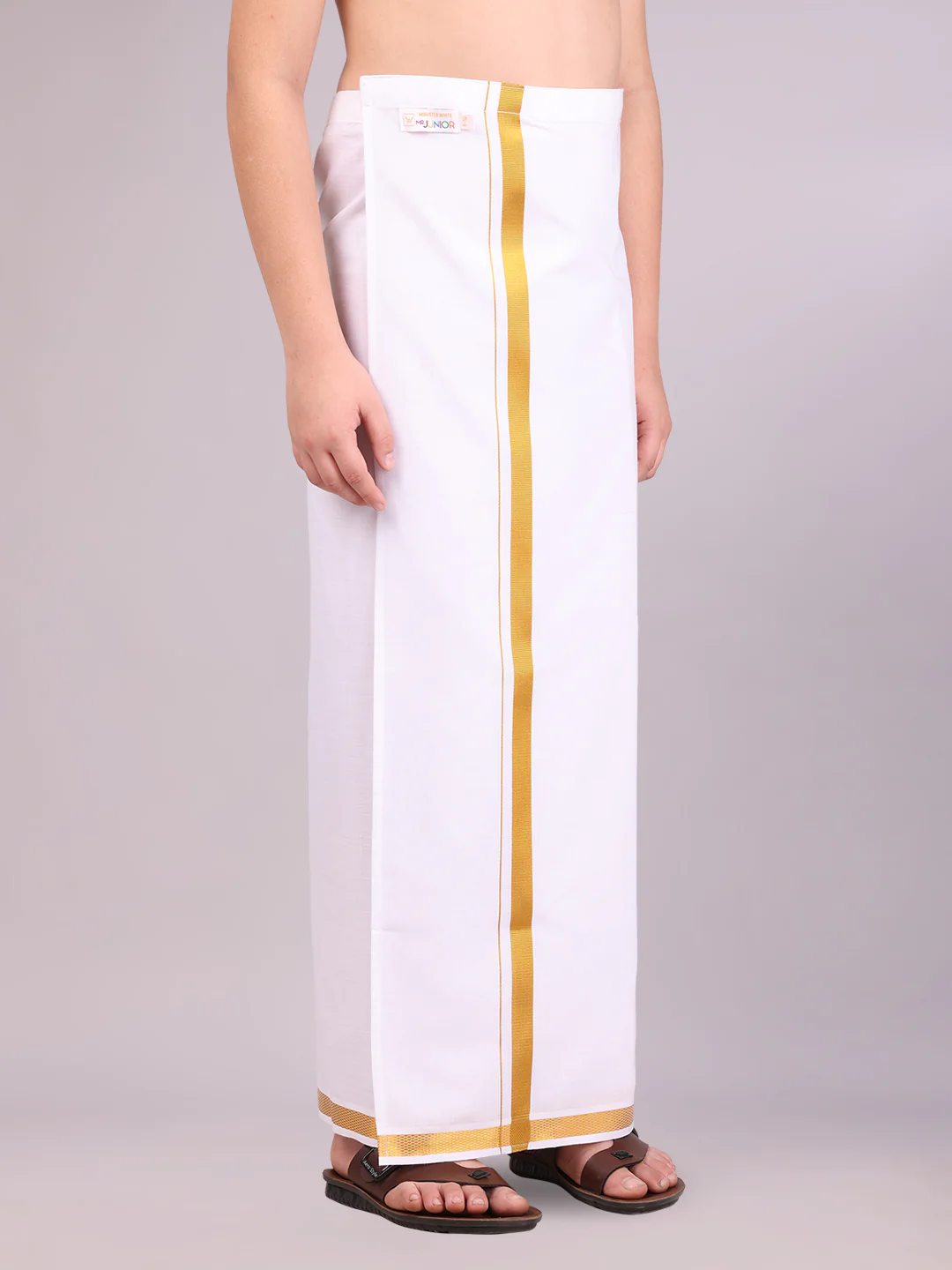 Boys Cotton White Adjustable Dhoti with Gold Jari Border Rich Look - Image 3
