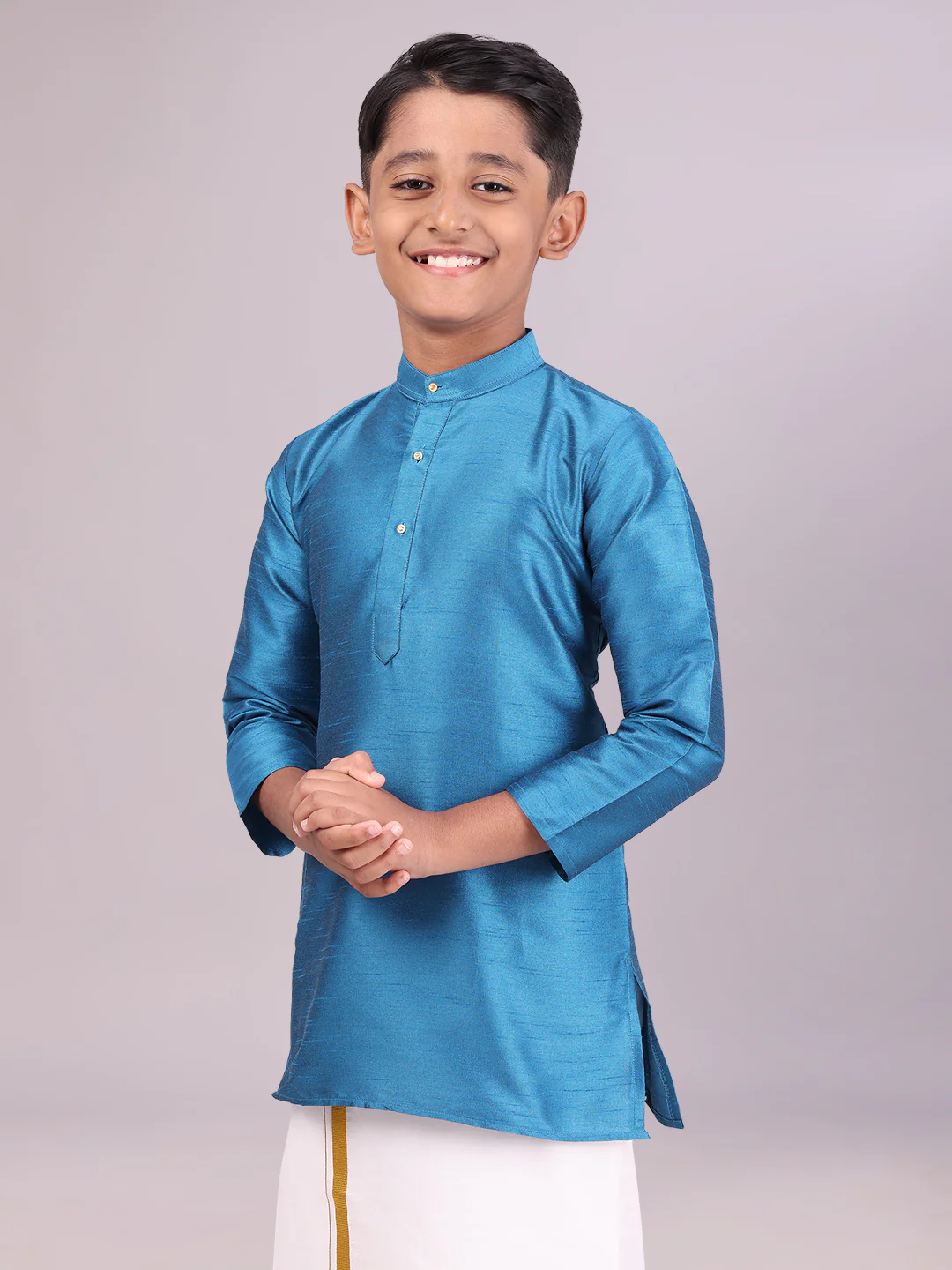 Boys Dupion Satin Blue Colour Full Sleeves Kurta Candid Boy - Image 3