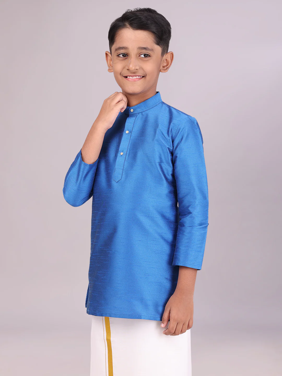 Boys Dupion Satin Blue Colour Full Sleeves Kurta Candid Boy - Image 3