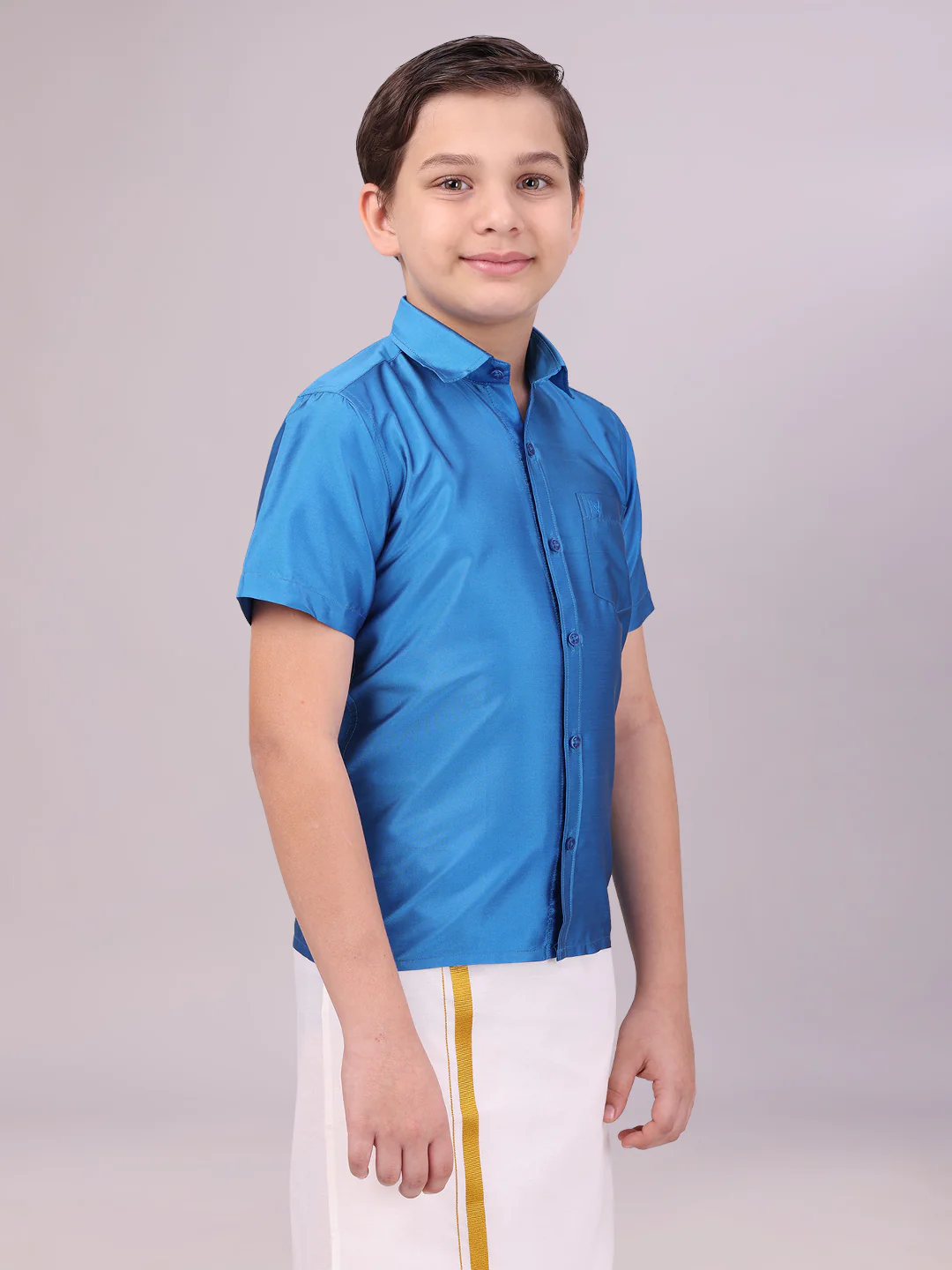 Boys Dupion Satin Blue Colour Half Sleeves Shirt Happy Boy - Image 2