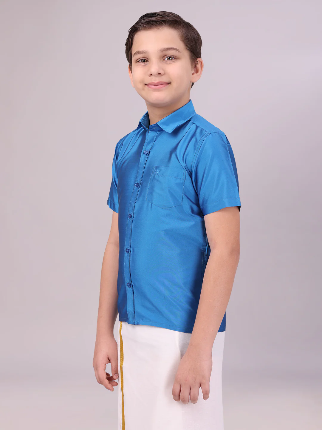 Boys Dupion Satin Blue Colour Half Sleeves Shirt Happy Boy - Image 3