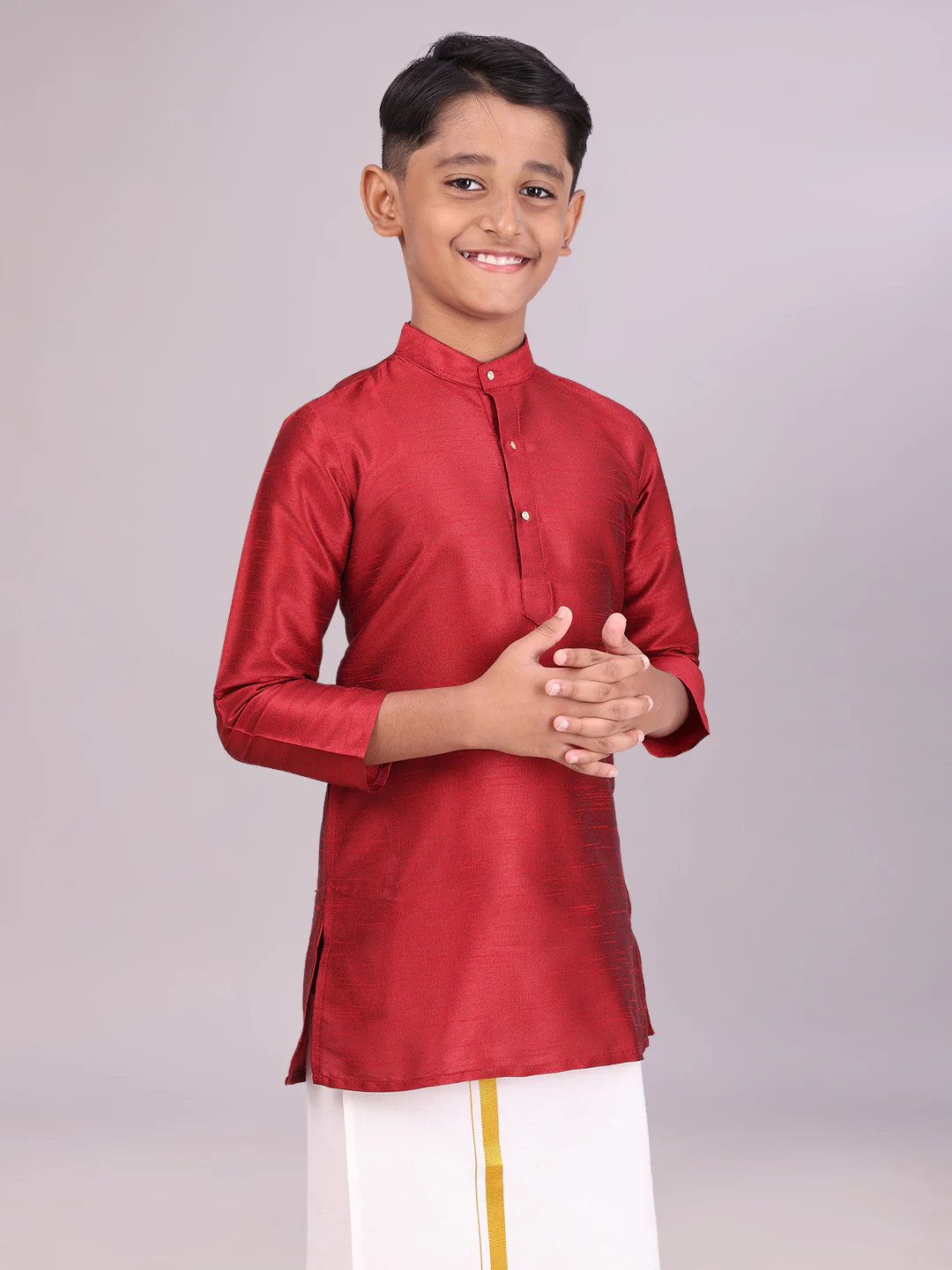 Boys Dupion Satin Dark Brown Colour Full Sleeves Kurta Candid Boy - Image 3