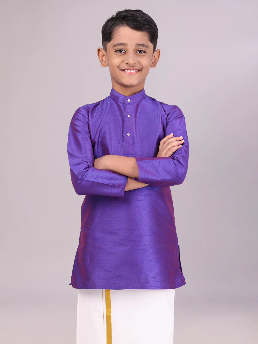 Boys Dupion Satin Dark Blue Colour Full Sleeves Kurta Candid Boy