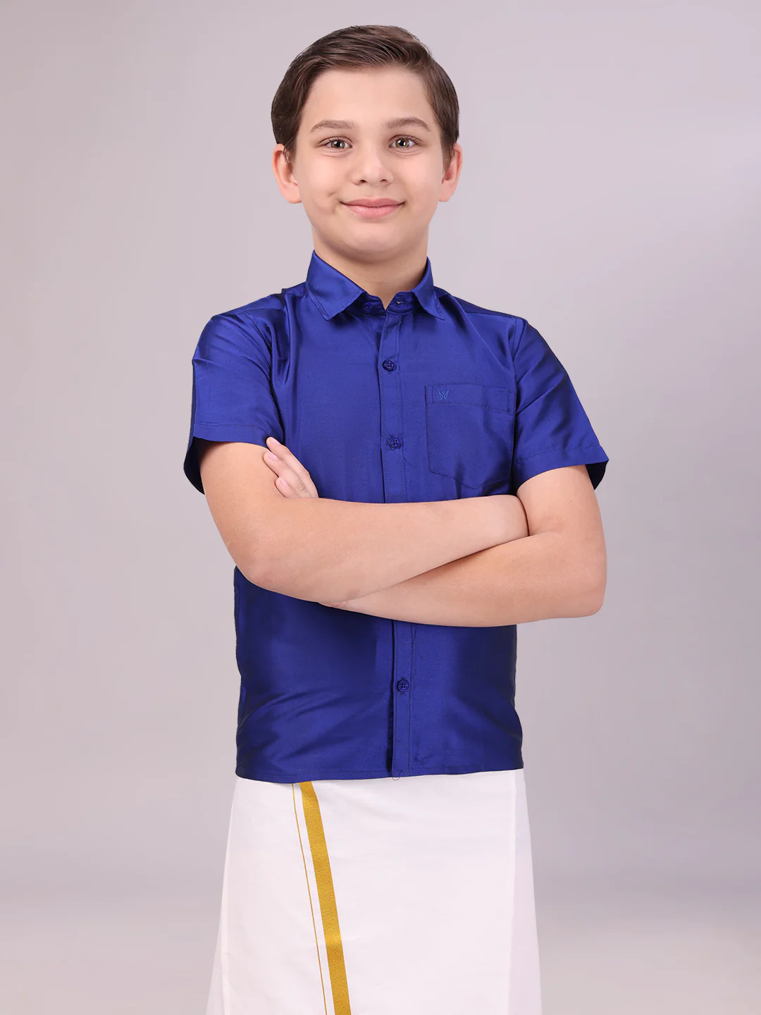 Boys Dupion Satin Dark Blue Colour Half Sleeves Shirt Happy Boy