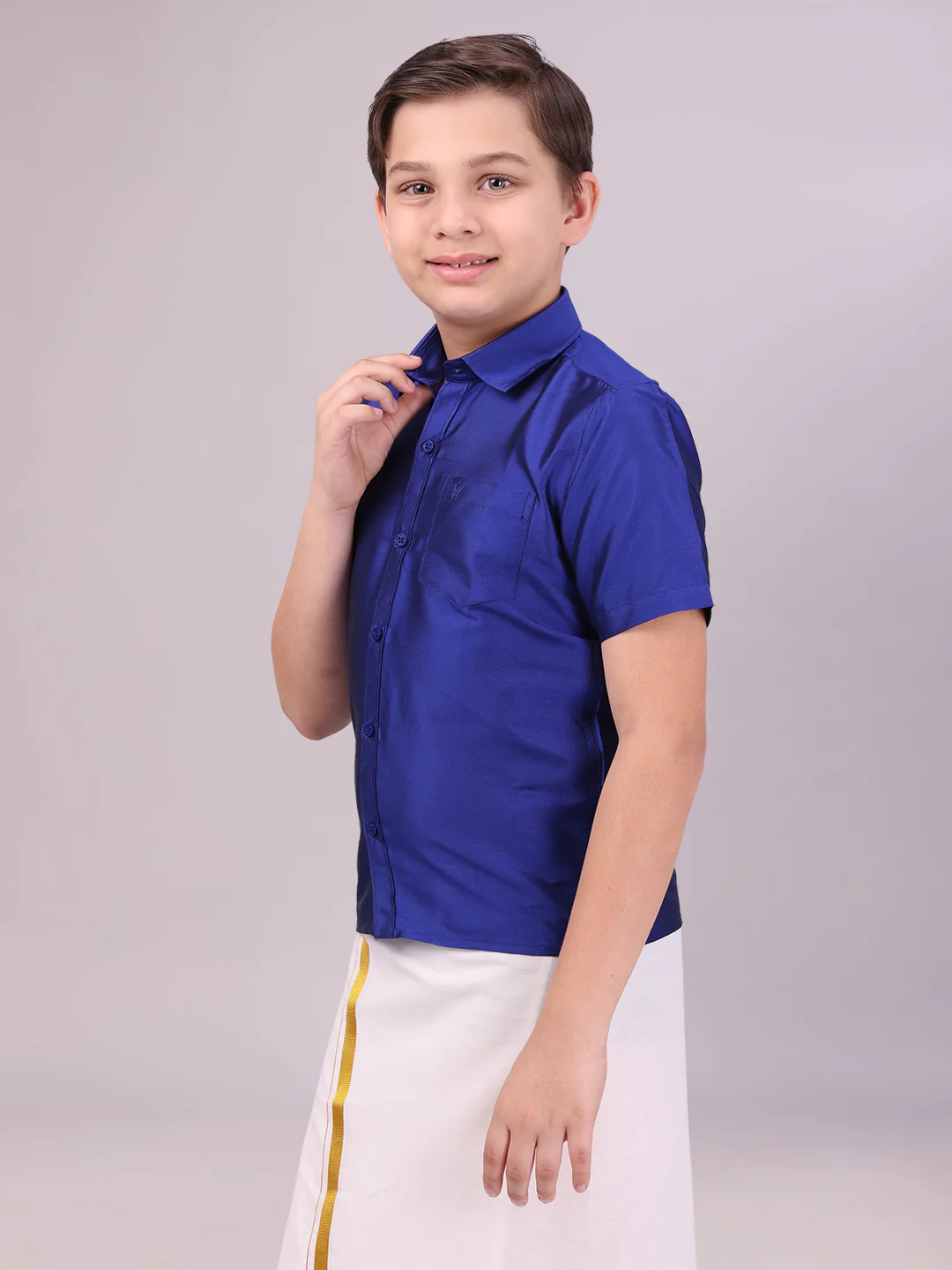 Boys Dupion Satin Dark Blue Colour Half Sleeves Shirt Happy Boy - Image 2