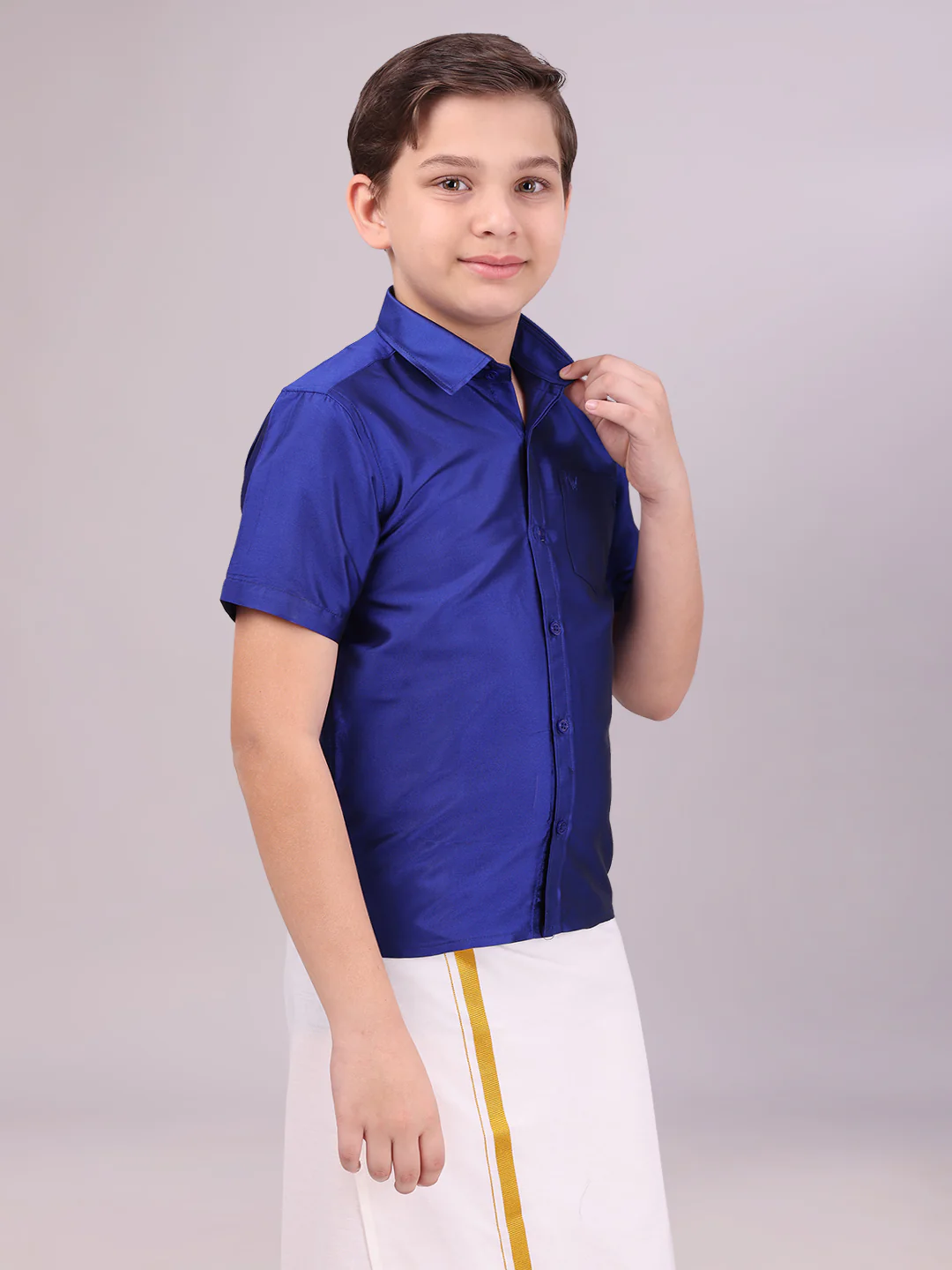Boys Dupion Satin Dark Blue Colour Half Sleeves Shirt Happy Boy - Image 3
