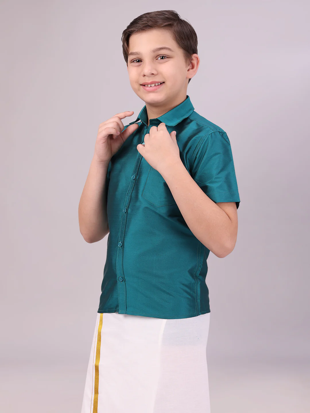 Boys Dupion Satin Dark Green Colour Half Sleeves Shirt Happy Boy - Image 2