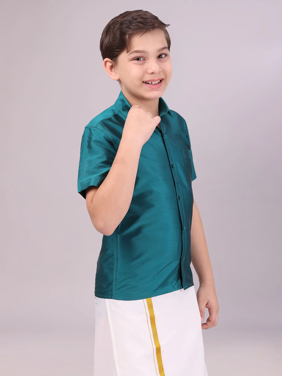 Boys Dupion Satin Dark Green Colour Half Sleeves Shirt Happy Boy - Image 3