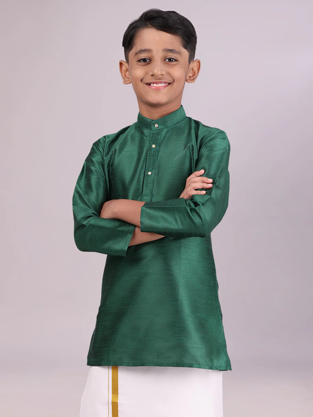 Boys Dupion Satin Green Colour Full Sleeves Kurta Candid Boy - Image 2