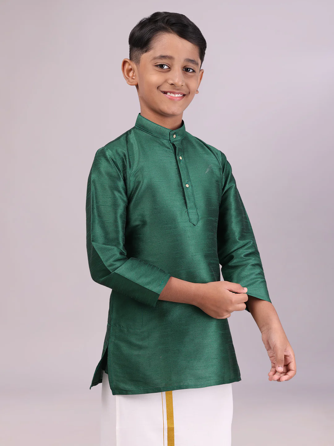 Boys Dupion Satin Green Colour Full Sleeves Kurta Candid Boy - Image 3
