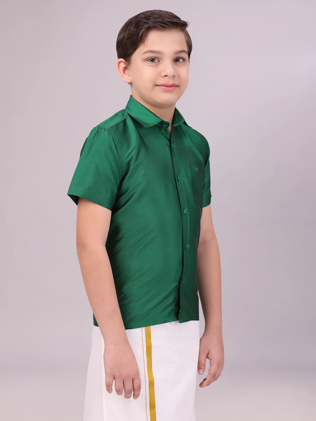 Boys Dupion Satin Green Colour Half Sleeves Shirt Happy Boy - Image 2