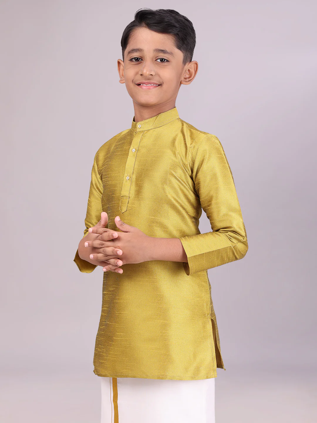 Boys Dupion Satin Light Green Colour Full Sleeves Kurta Candid Boy - Image 3