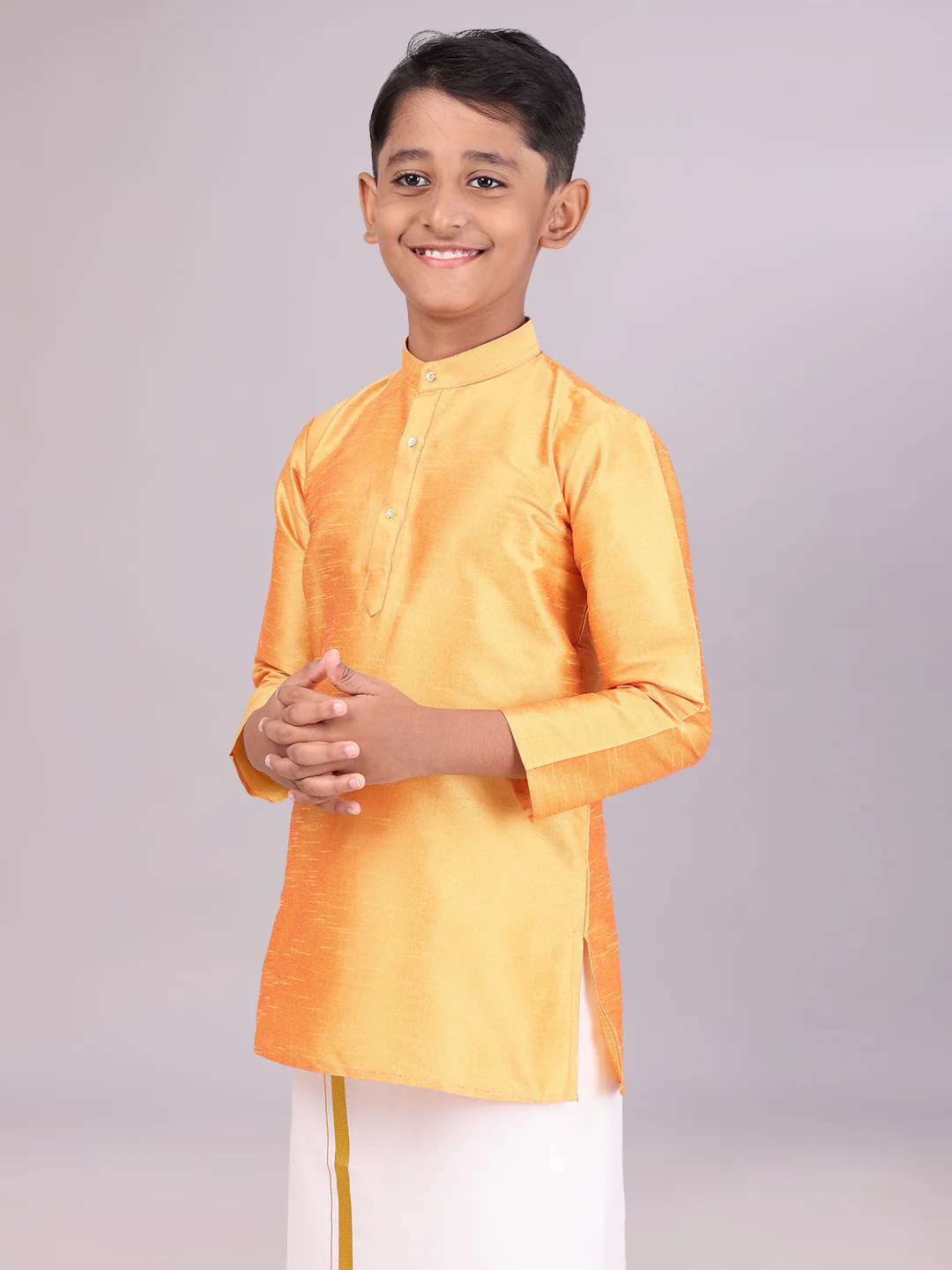 Boys Dupion Satin Orange Colour Full Sleeves Kurta Candid Boy - Image 3
